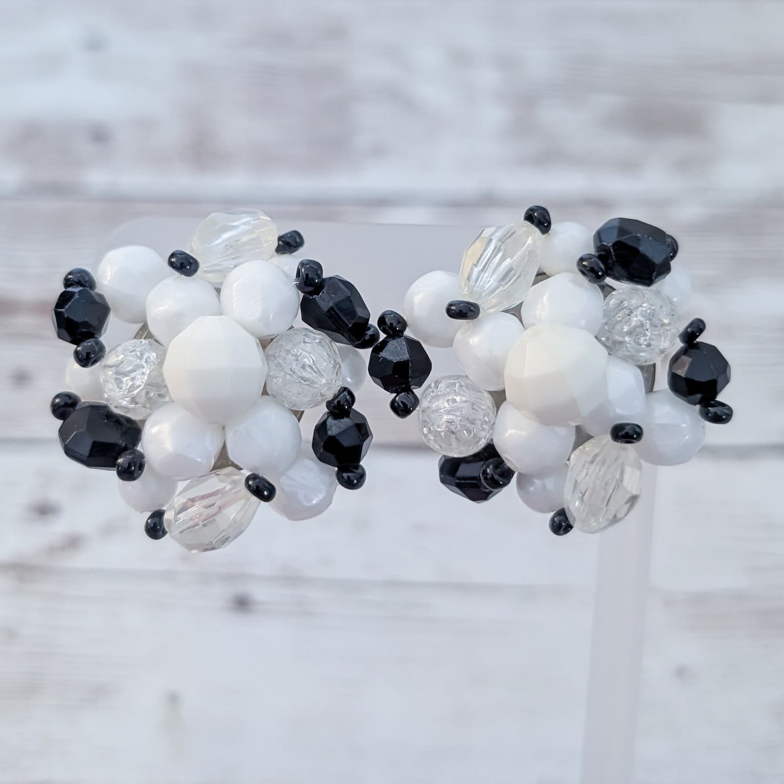 Vintage Clip On Earrings Large Black & White Cluster Stamped Germany 1 & 3/8"