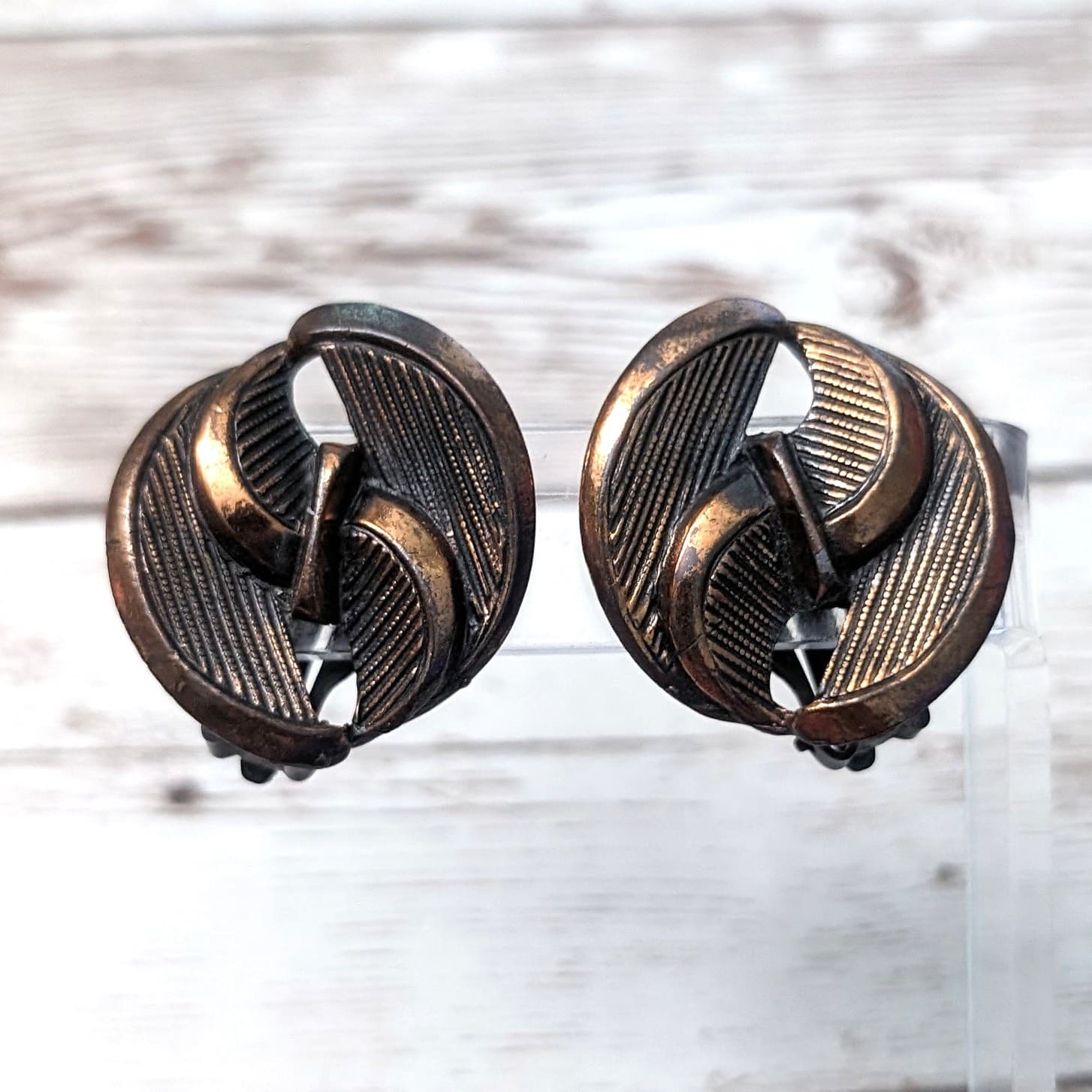 Vintage Clip On Earrings - Large Statement Dark Copper Like Tone