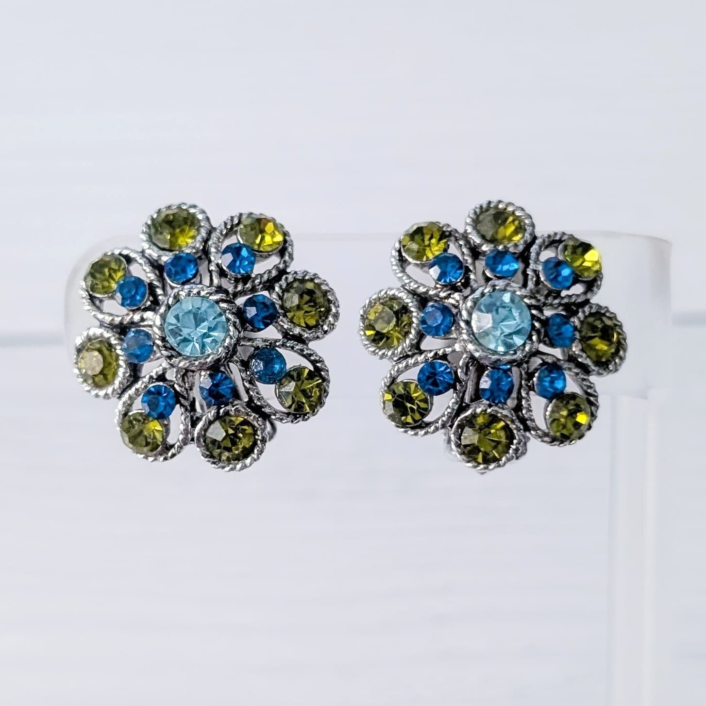 Vintage Clip On Earrings Green & Blue Gems - Statement - 1"