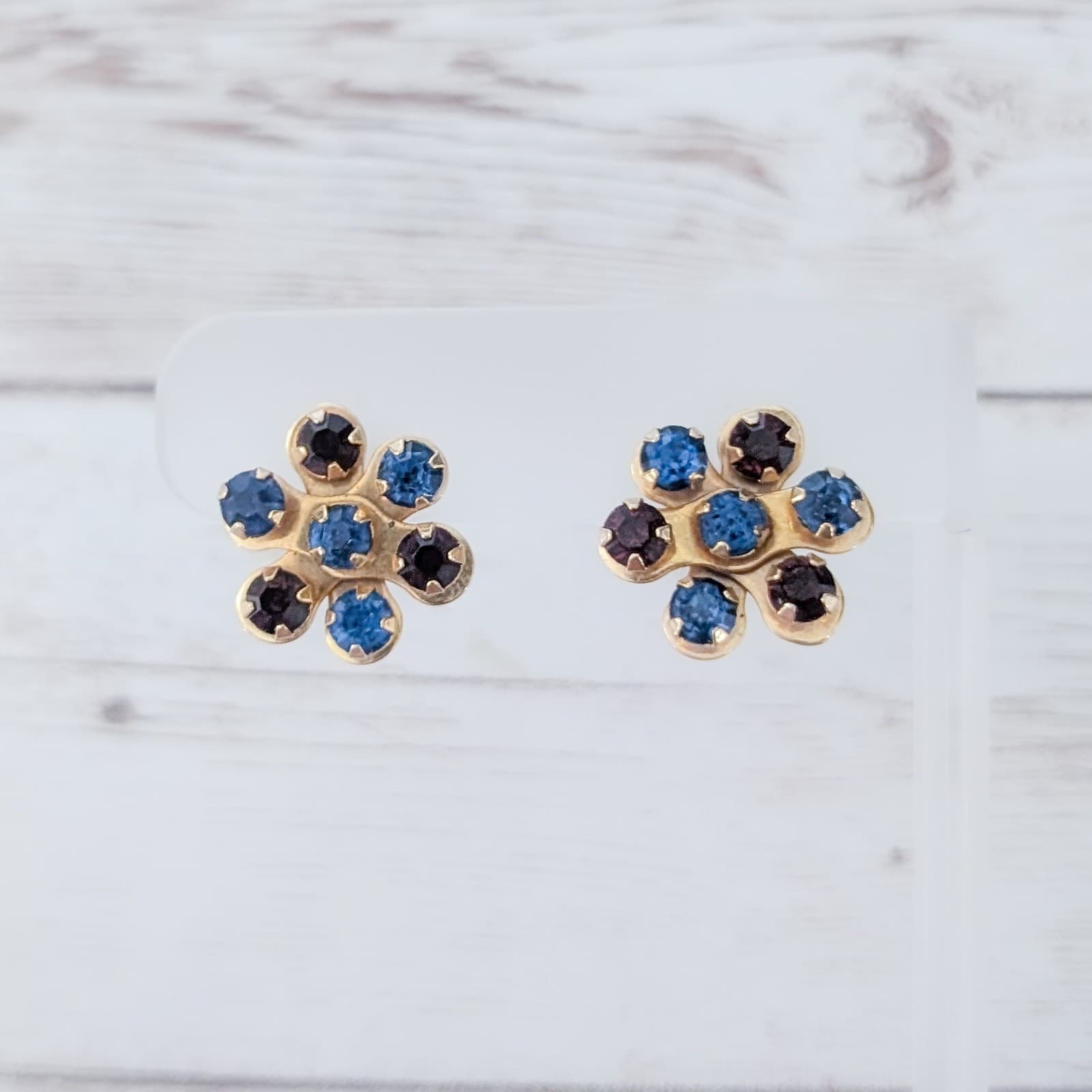 Vintage Screw Back Earrings Dark Purple & Blue Gems - Gold Tone