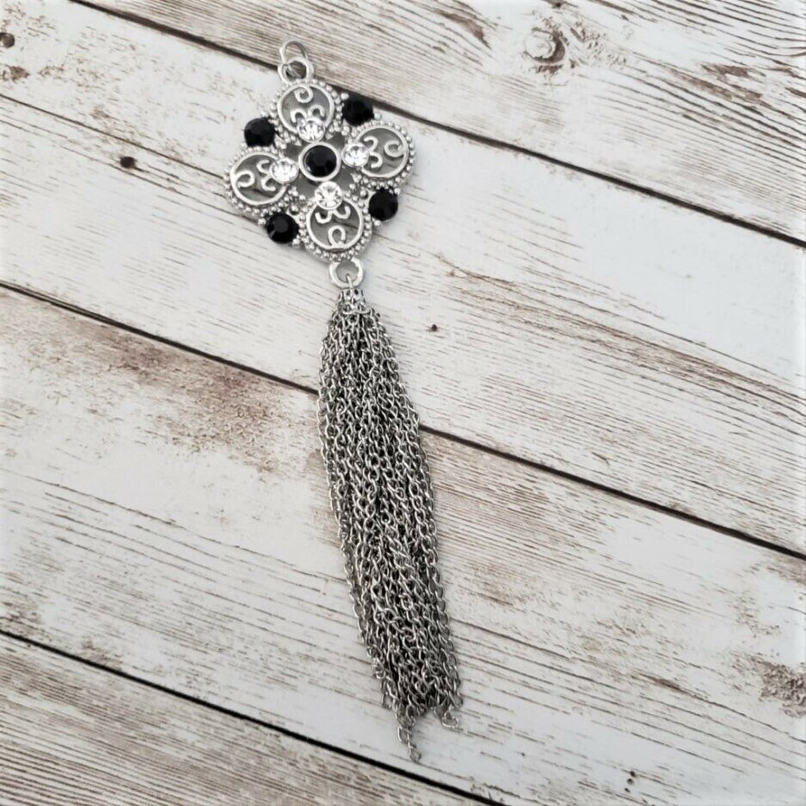 Large Statement Pendant Silver Tone, Black & Clear Gems