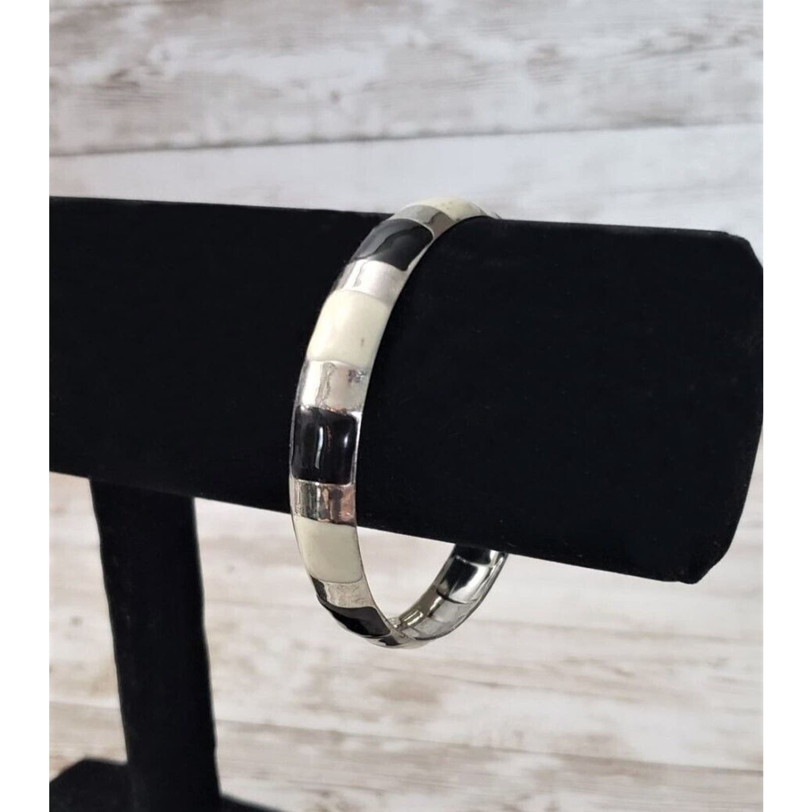 Vintage Bracelet / Bangle - Cream, Black & Silver Tone
