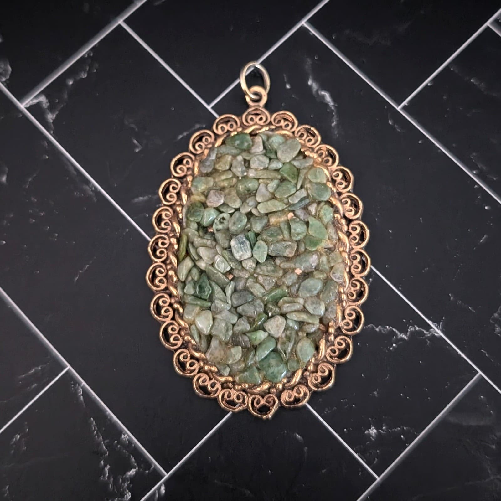 Vintage Pendant Very Large Statement Green & Antique Gold Tone Oval