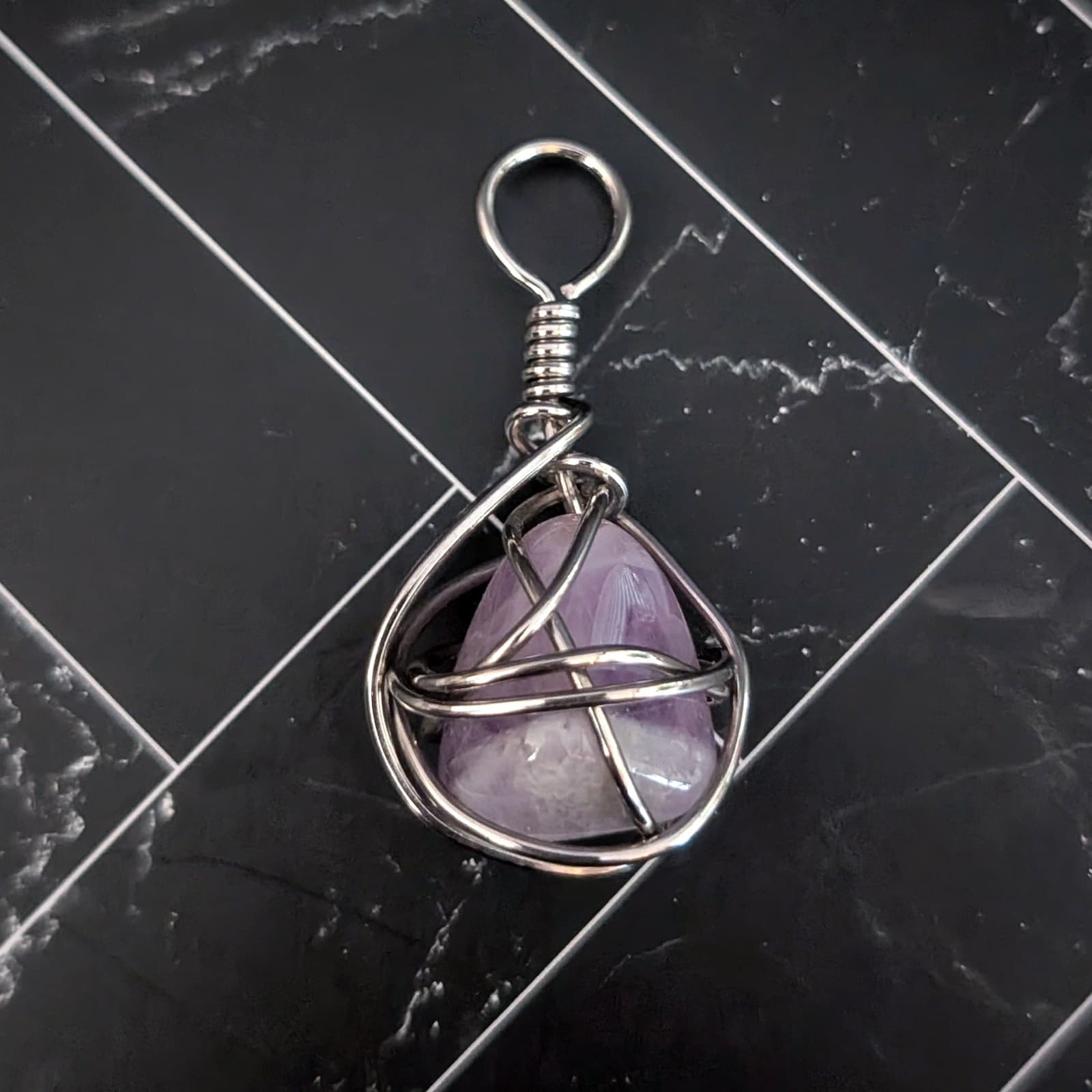 Purple Stone Large Pendant with Silver Tone Wrap - Statement Pendant