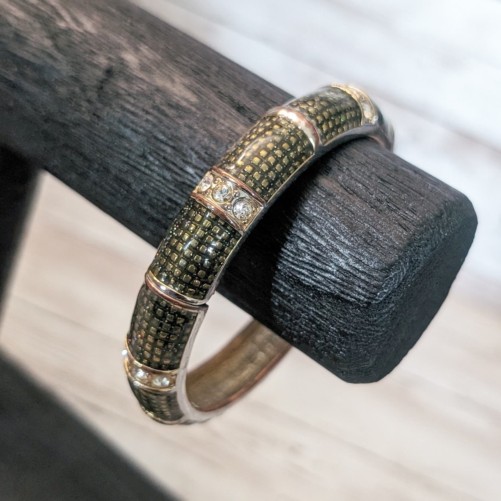 Vintage Hinged Bracelet / Bangle - Green Tone with Clear Gems