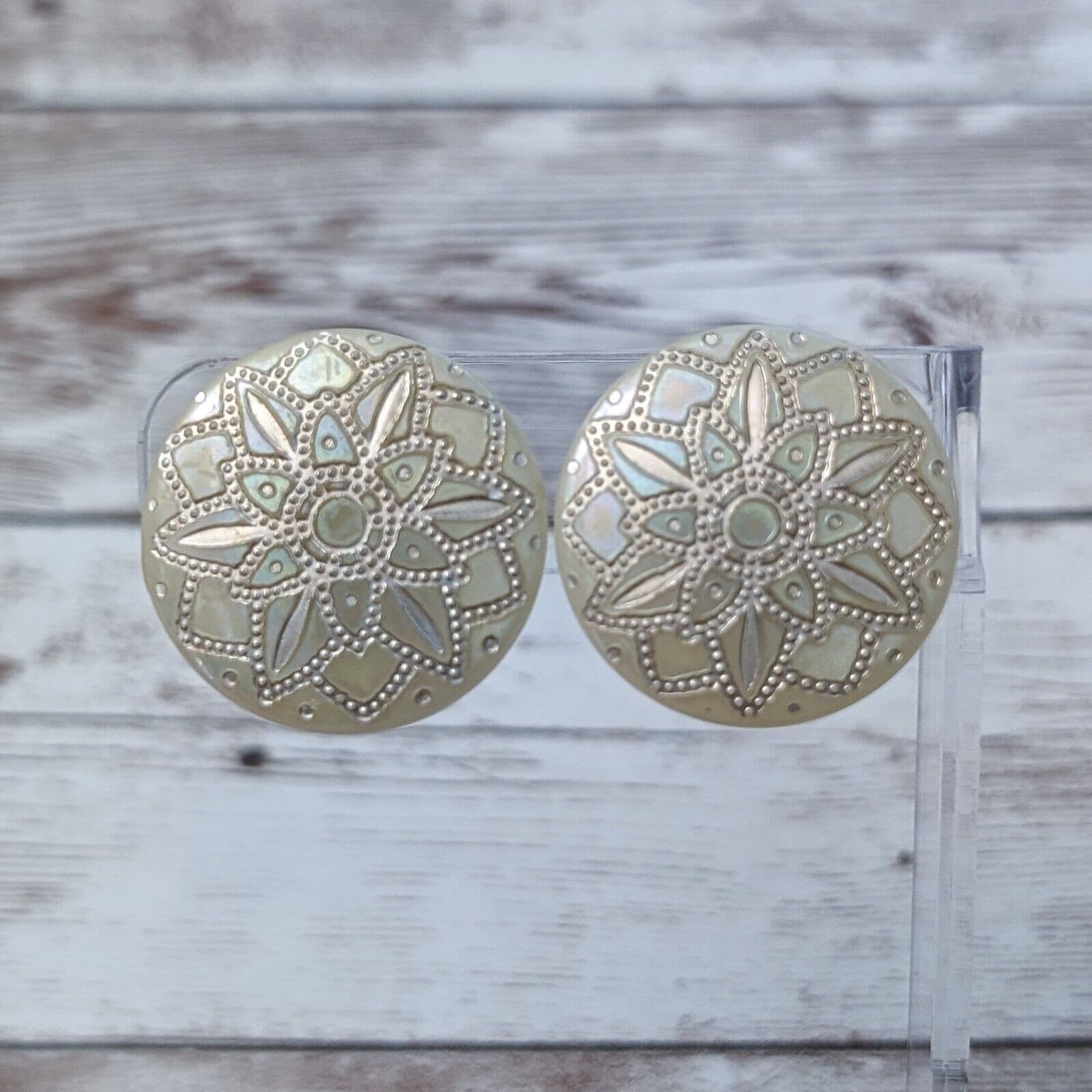 Vintage Clip On Earrings - Unusual Pearlescent & Cream - Fancy Design