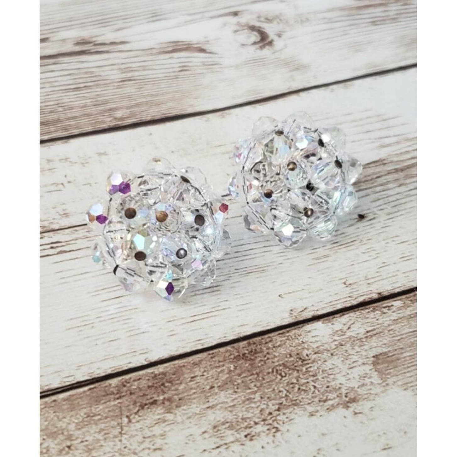 Vintage Clip On Earrings 1" Iridescent Cluster Style Multi Tone Reflective