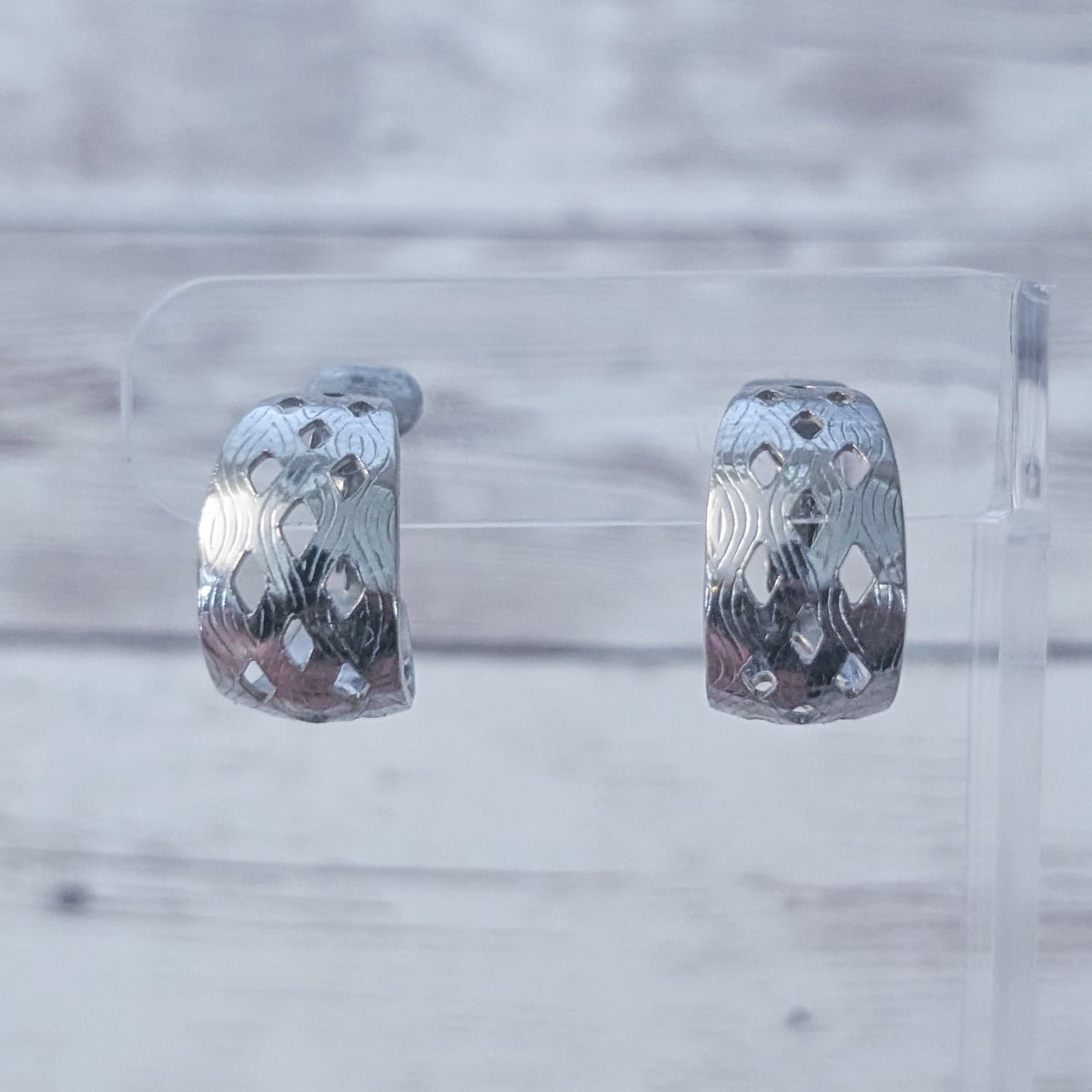 Vintage Clip On Earrings Silver Tone Cut Out Design Hoops with Pattern