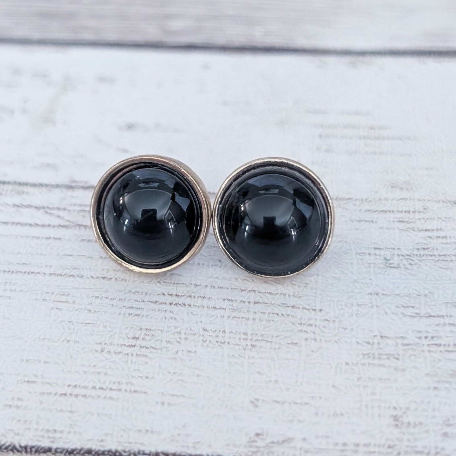 Vintage Stud Earrings Small Domed Black with Gold Tone Halo