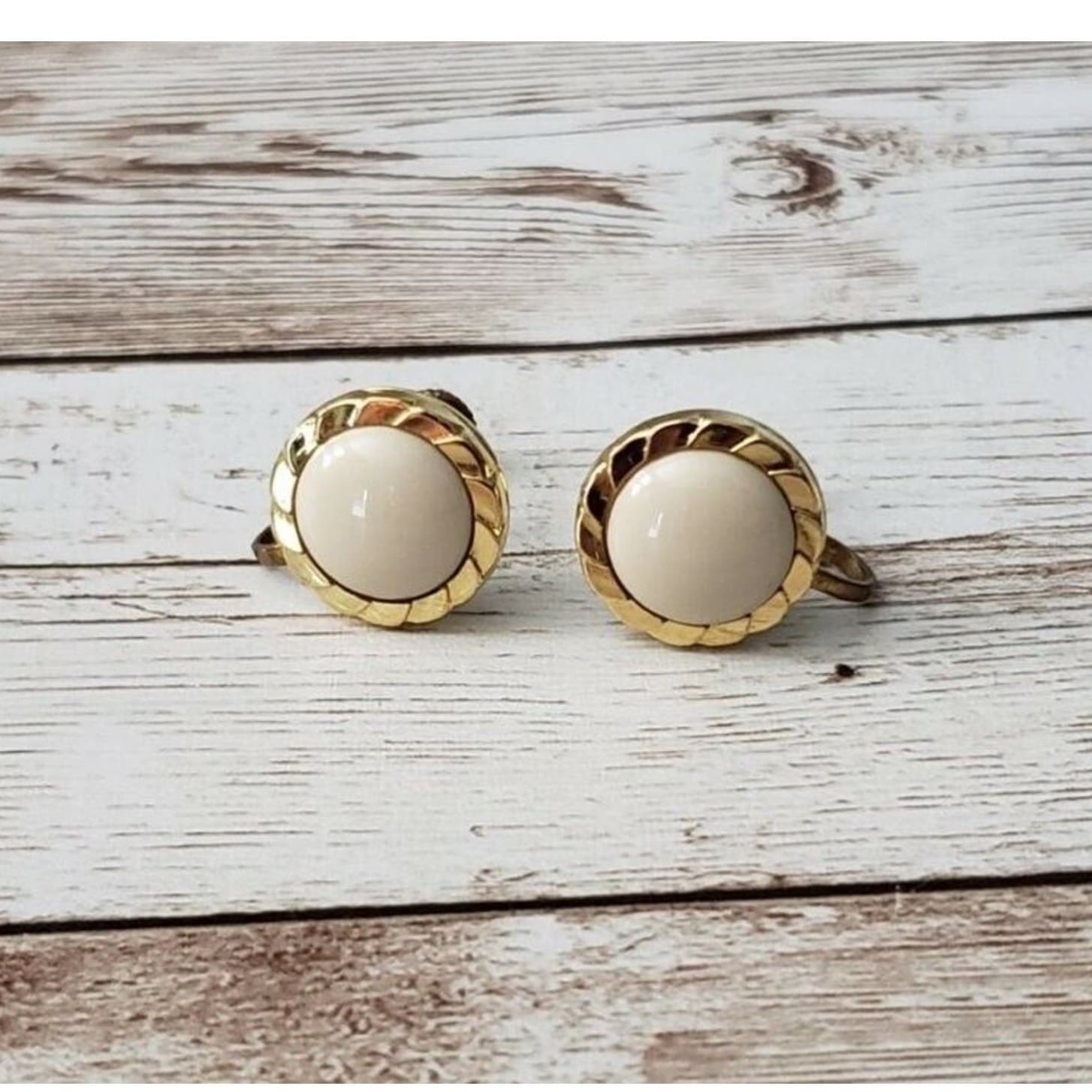 Vintage Screw On Earrings - Cream with Fancy Gold Tone Halo 5/8"