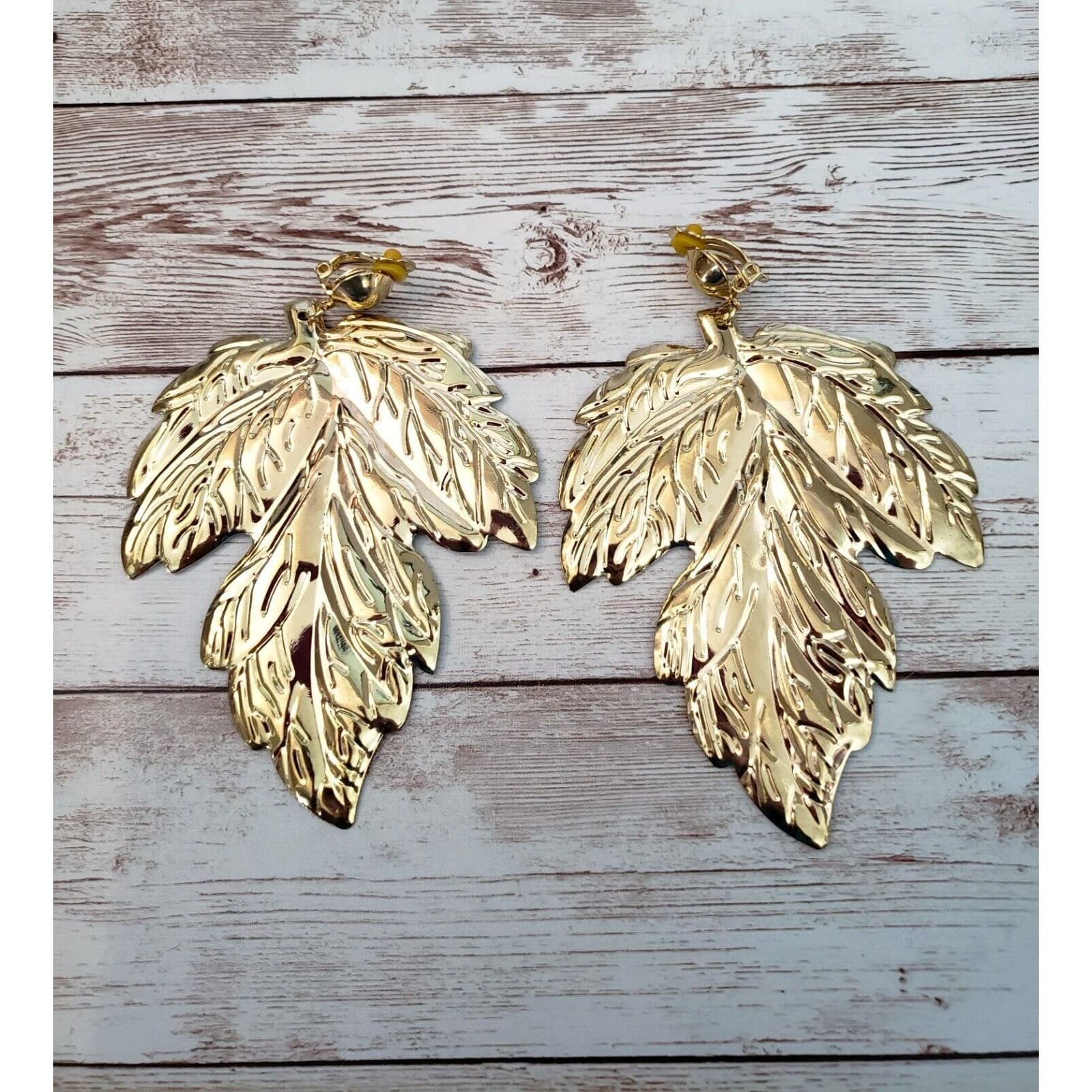 Vintage Clip On Earrings - Extra Large Gold Tone Leaf Dangle Statement 4.75"
