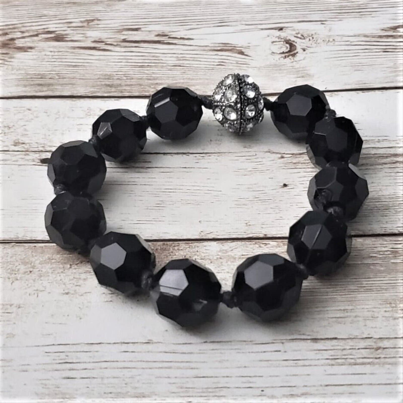 Vintage Bracelet Chunky Black Beads Silver Tone & Clear Gems