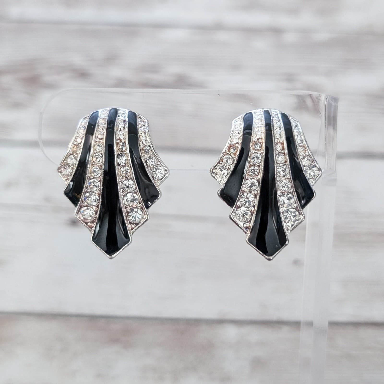 Vintage Clip On Earrings Statement Silver Tone, Black, Clear Gem