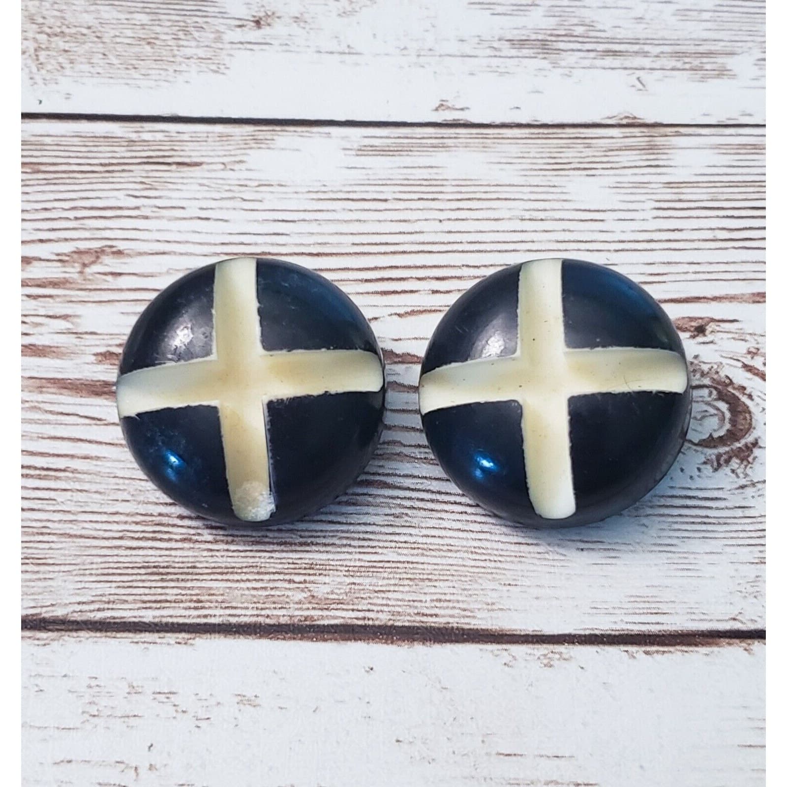 Vintage Clip On Earrings - Black Domed Circle with Cut Out Cross 1"