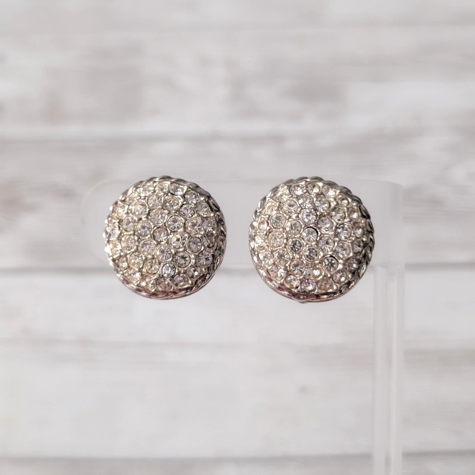 Vintage Clip On Earrings Gold Tone & Clear Gem Chunky Circle