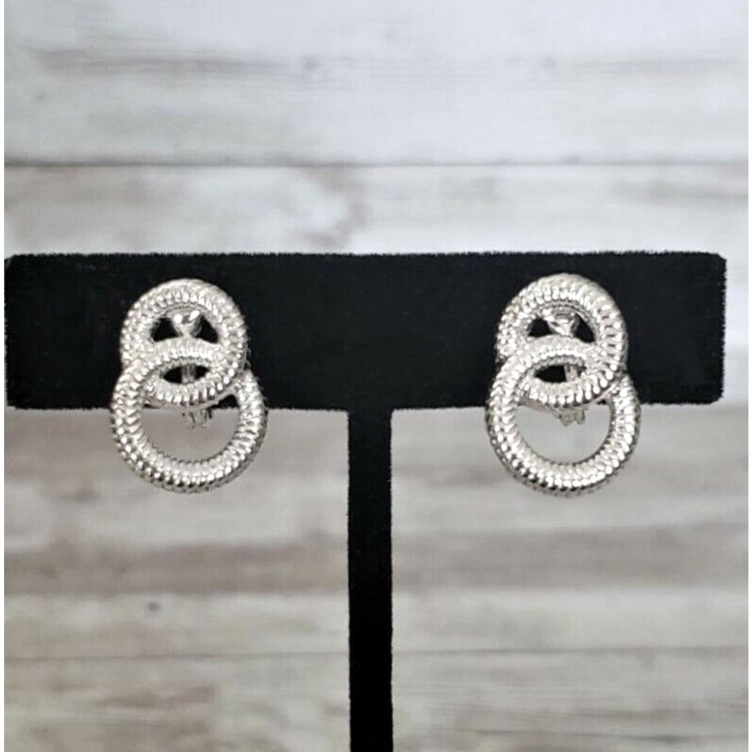 Vintage NWH Clip On Earrings Interlocking Circles Silver Tone