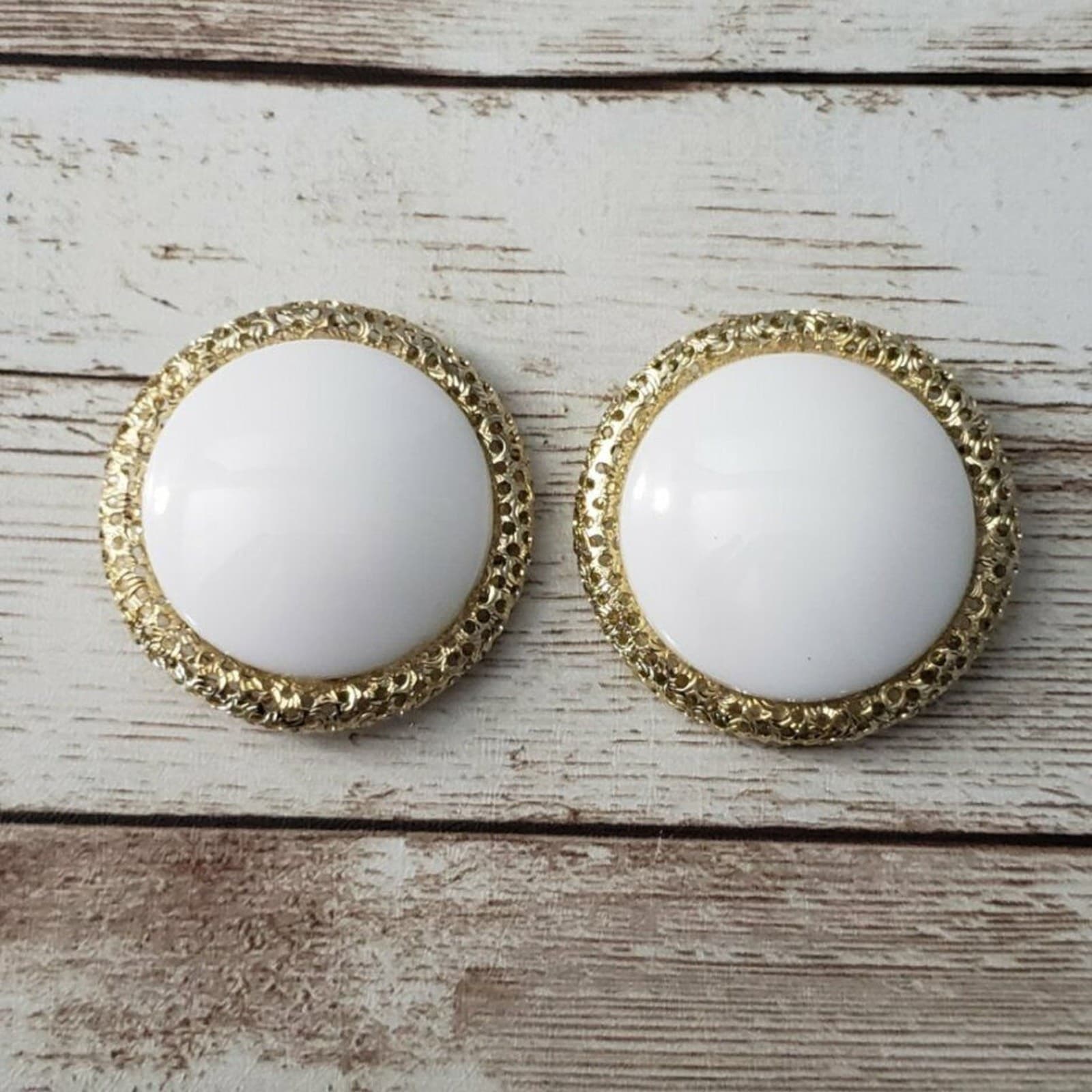 Vintage Clip On Earrings Large White Circle with Patterned Gold Tone Halo