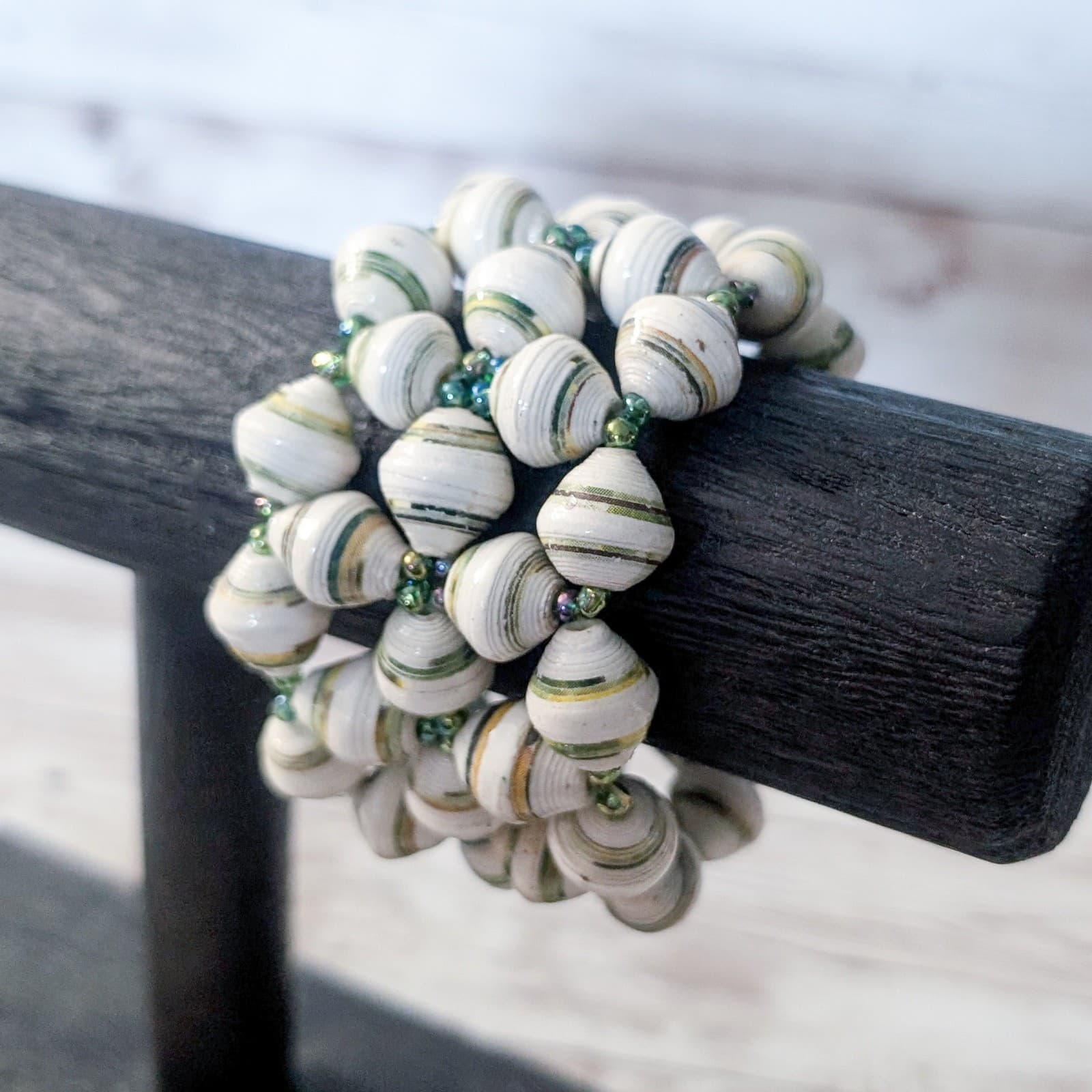 Vintage Stretch Bracelet Wide & Chunky Green & Cream Tones