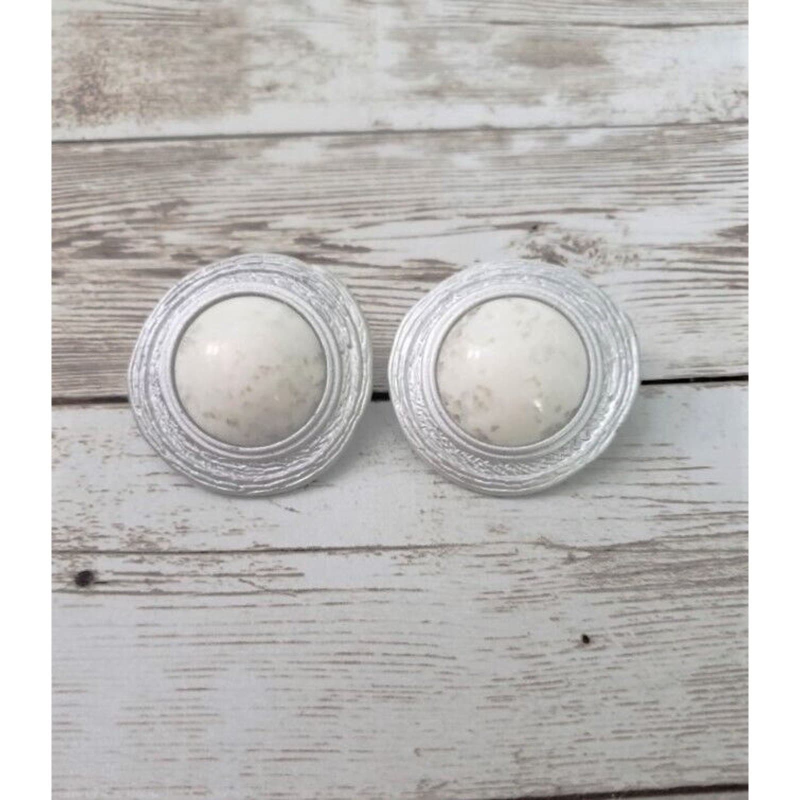 Vintage Clip On Earrings Stone Effect Cream with Silver Tone Halo Statement