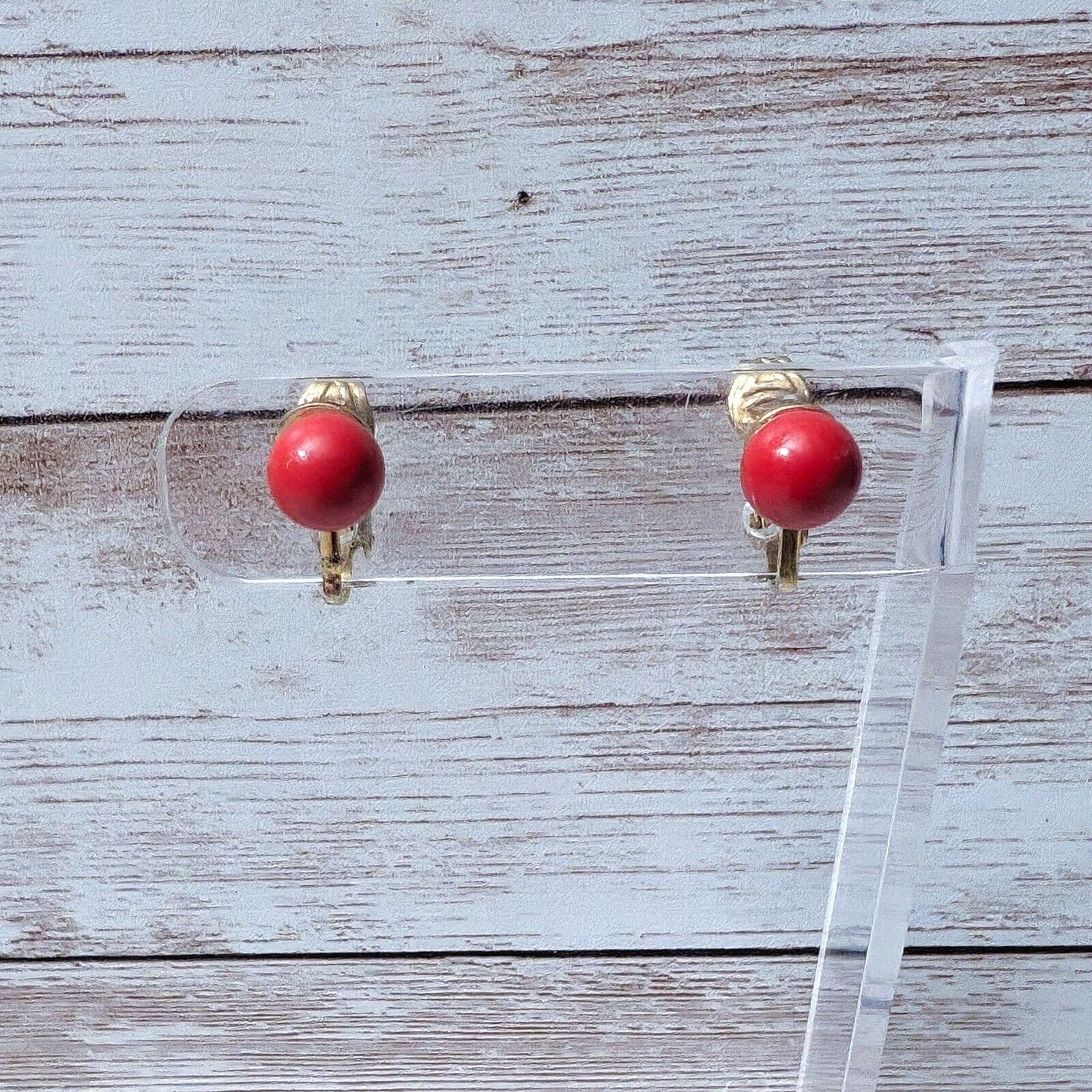 Vintage Clip On Earrings - Dainty 0.25" Red Ball - Small Earrings