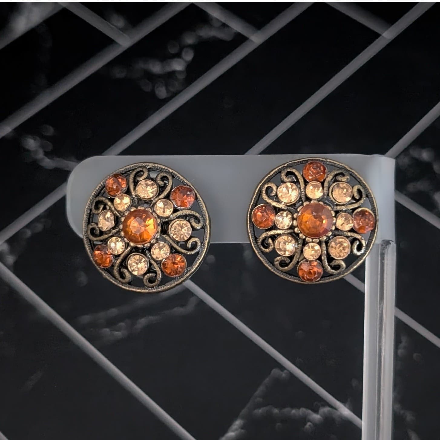 Vintage Clip On Earrings - Dark Bronze Tone with Shades of Orange Gems 7/8"