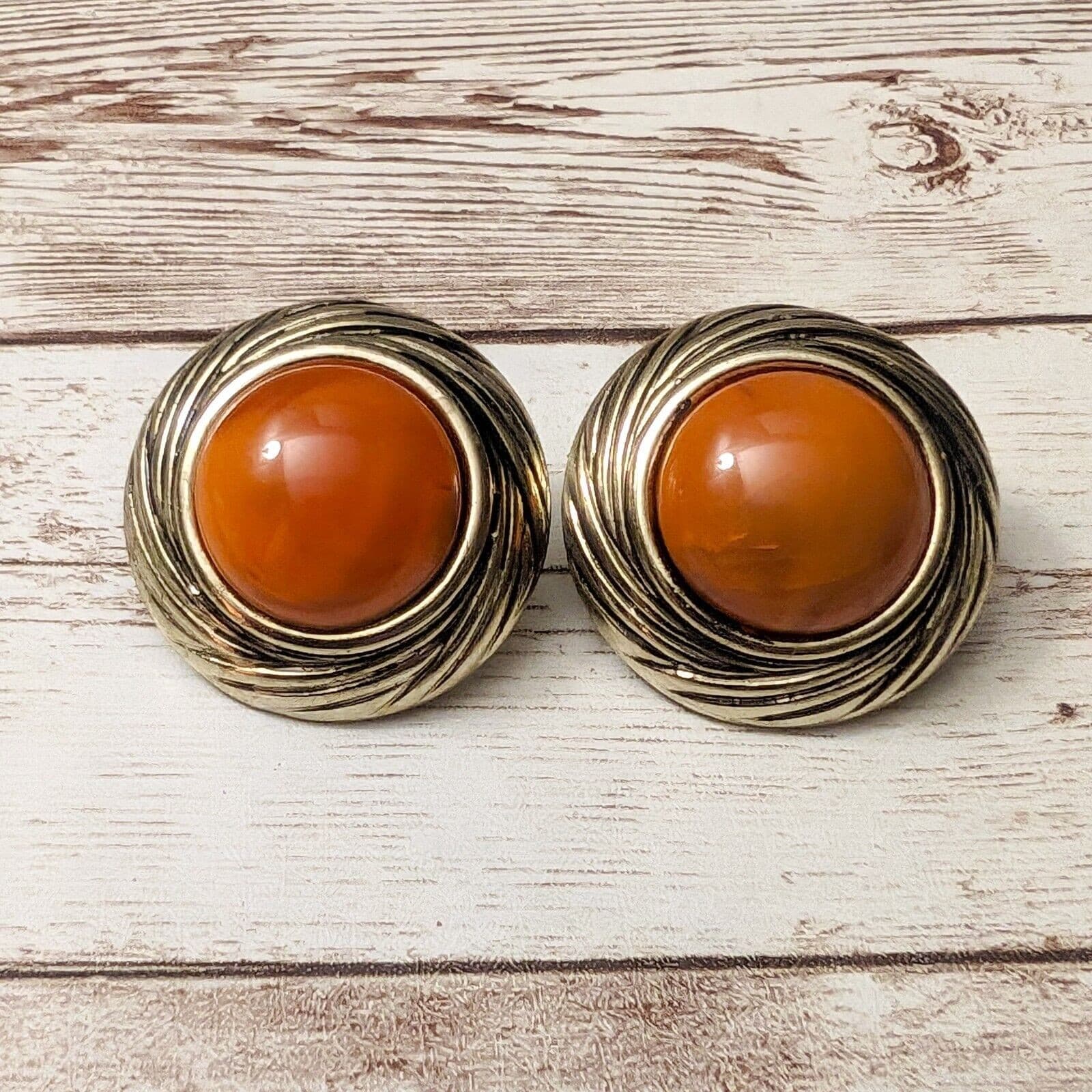 Vintage Clip On Earrings - Statement Burnt Orange & Gold Tone Just Over 1.25"