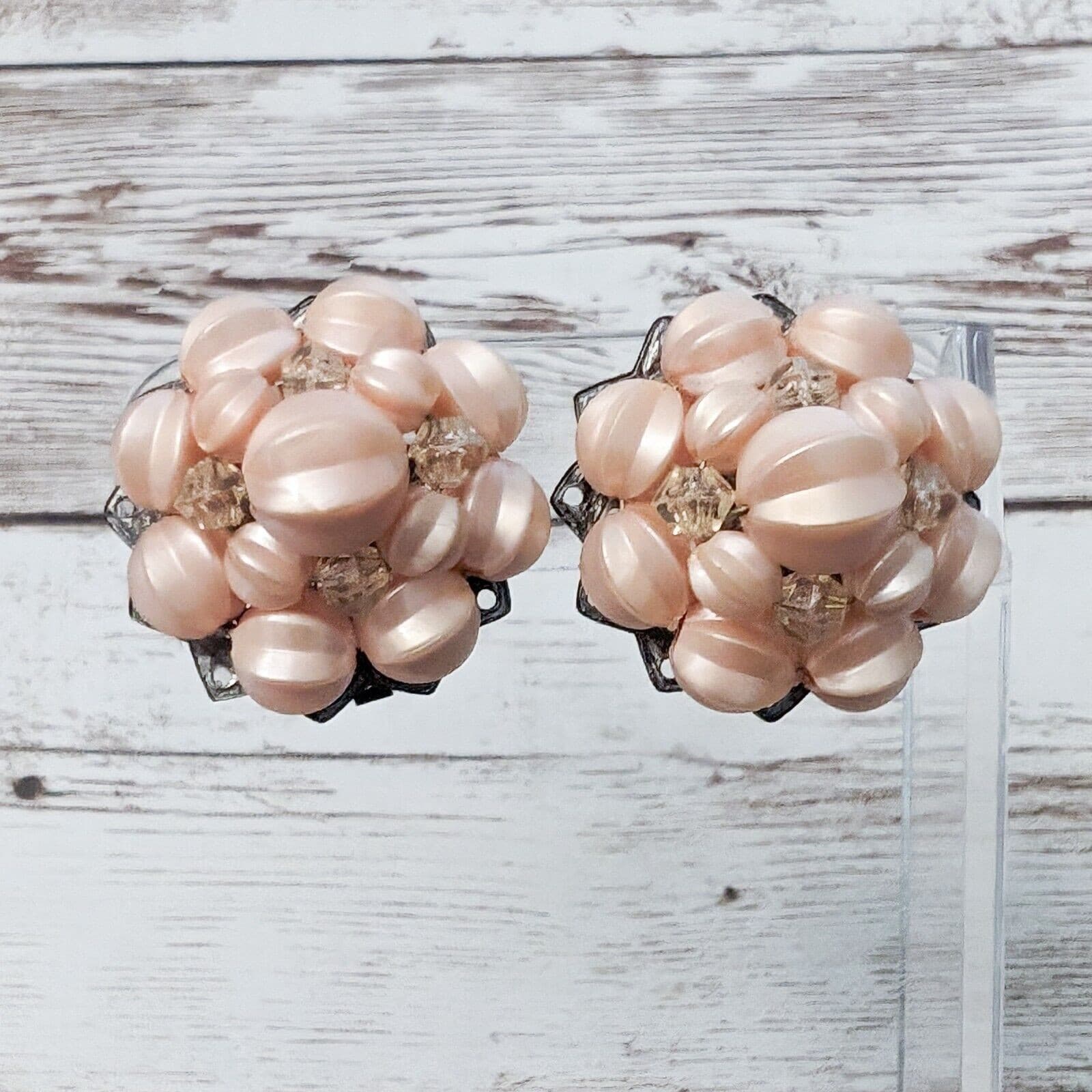 Vintage Clip On Earrings - Stamped Germany Pink Cluster 1 & 1/8"