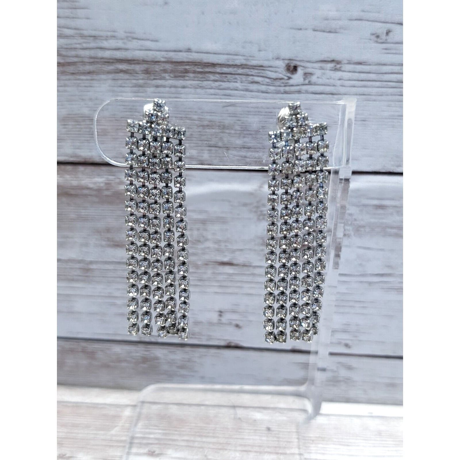 Vintage Clip On Earrings - Clear Gem Multi Strand Very Long Dangle 2 & 3/8"