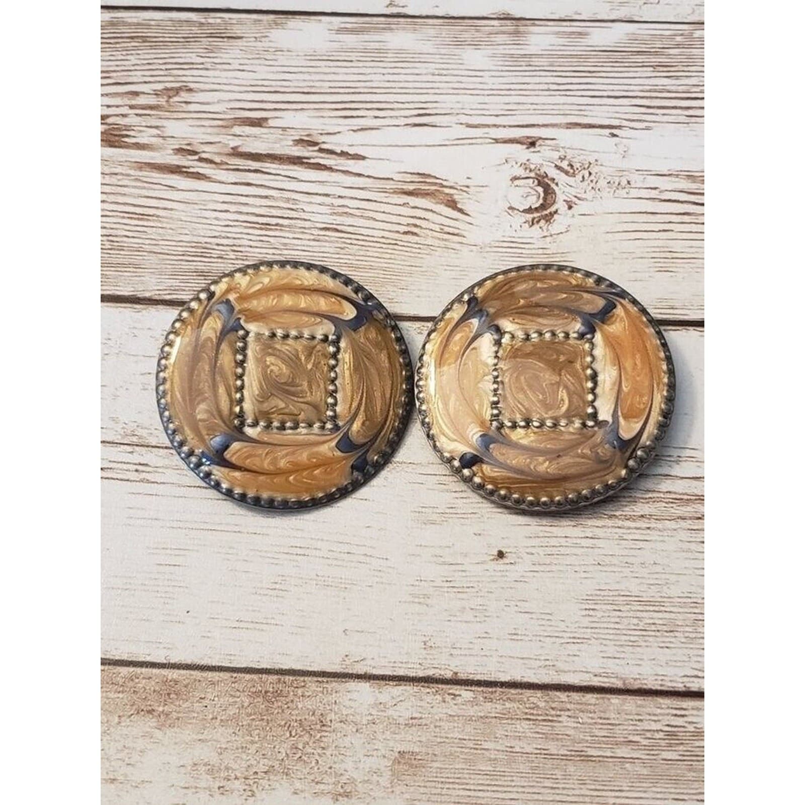 Vintage Clip On Earrings - Large Statement Tan & Blue Tones 1 & 5/8"