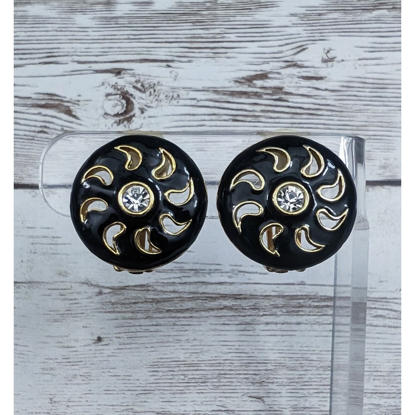 Vintage Clip On Earrings - Black, Gold Tone, Clear Gem Statement Circle