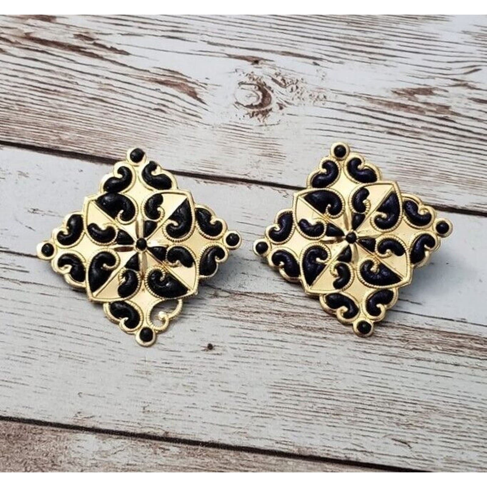 Vintage Clip On Earrings Unusual Gold Tone Cut Out Design Diamond Shape Large