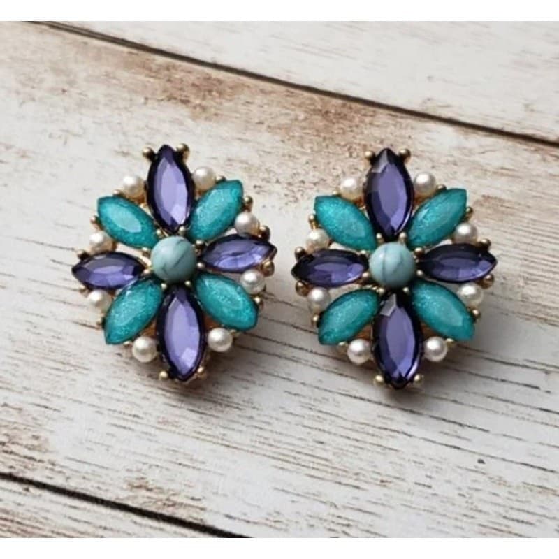 Vintage Clip On Earrings 1" Stunning Blue Tone Gems & Faux Pearls