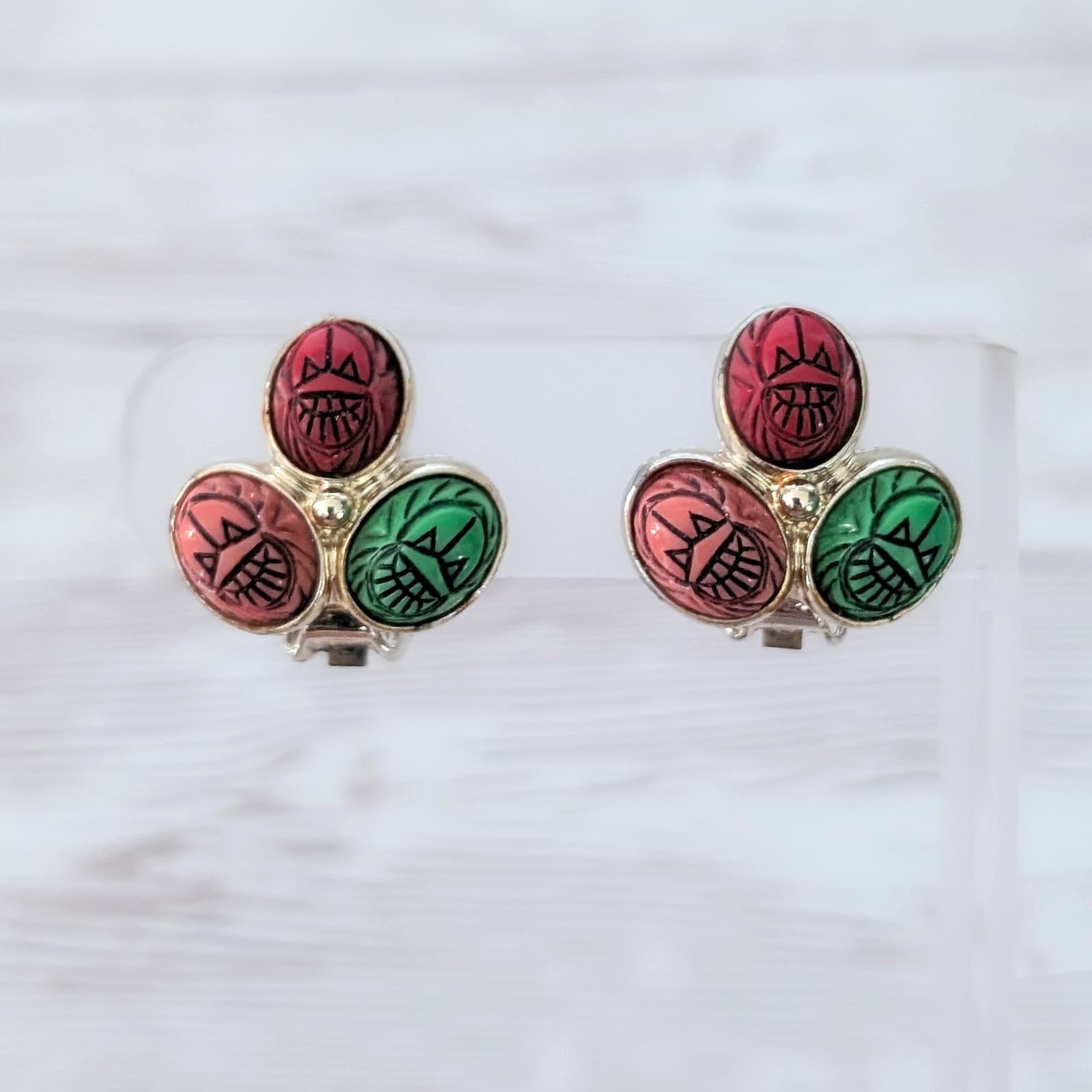 Vintage Clip On Earrings 1960s Etruscan Scarab Green Red Salmon Pink Lucite