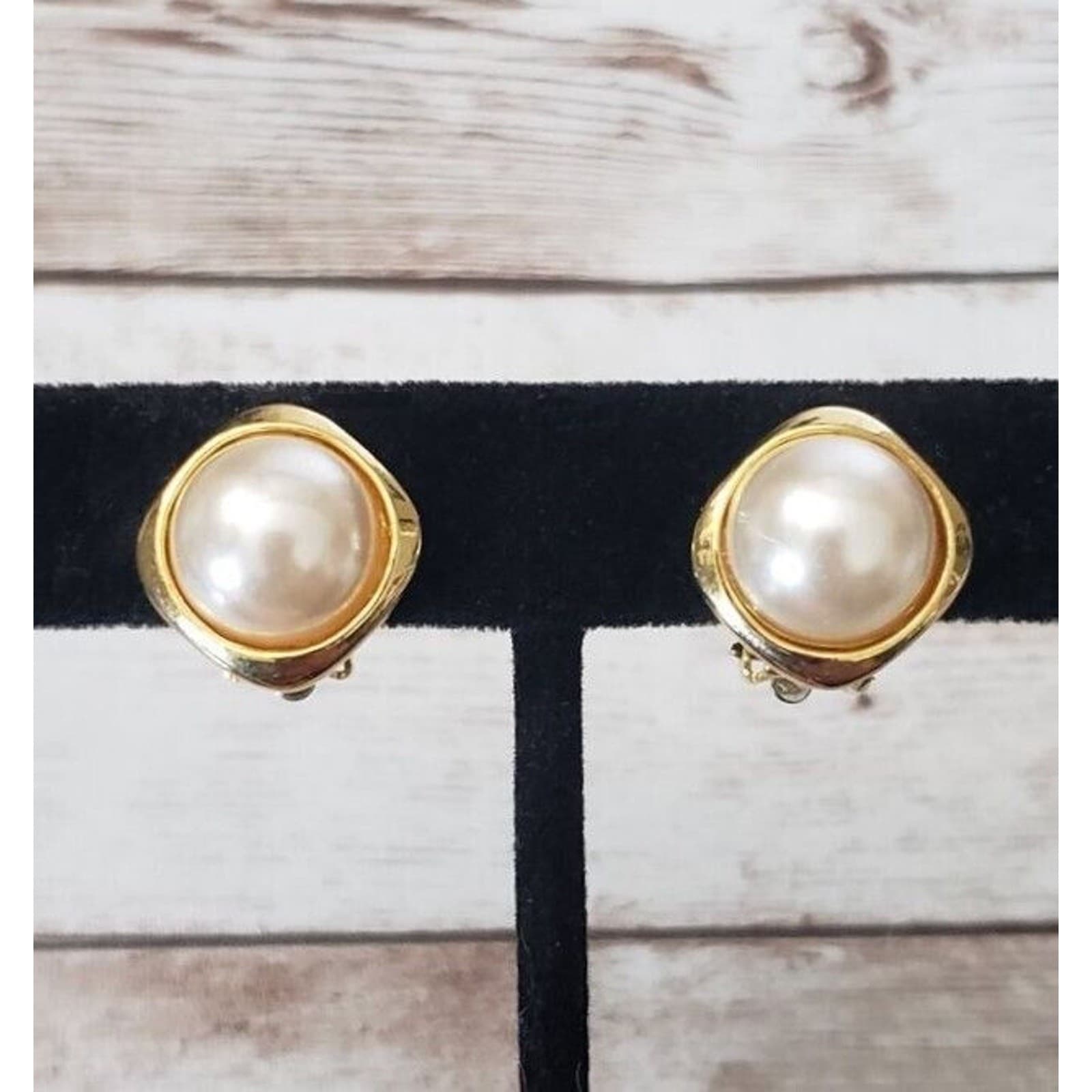 Vintage Clip On Earrings Diamond Shape Halo with Faux Pearl Dainty 5/8"