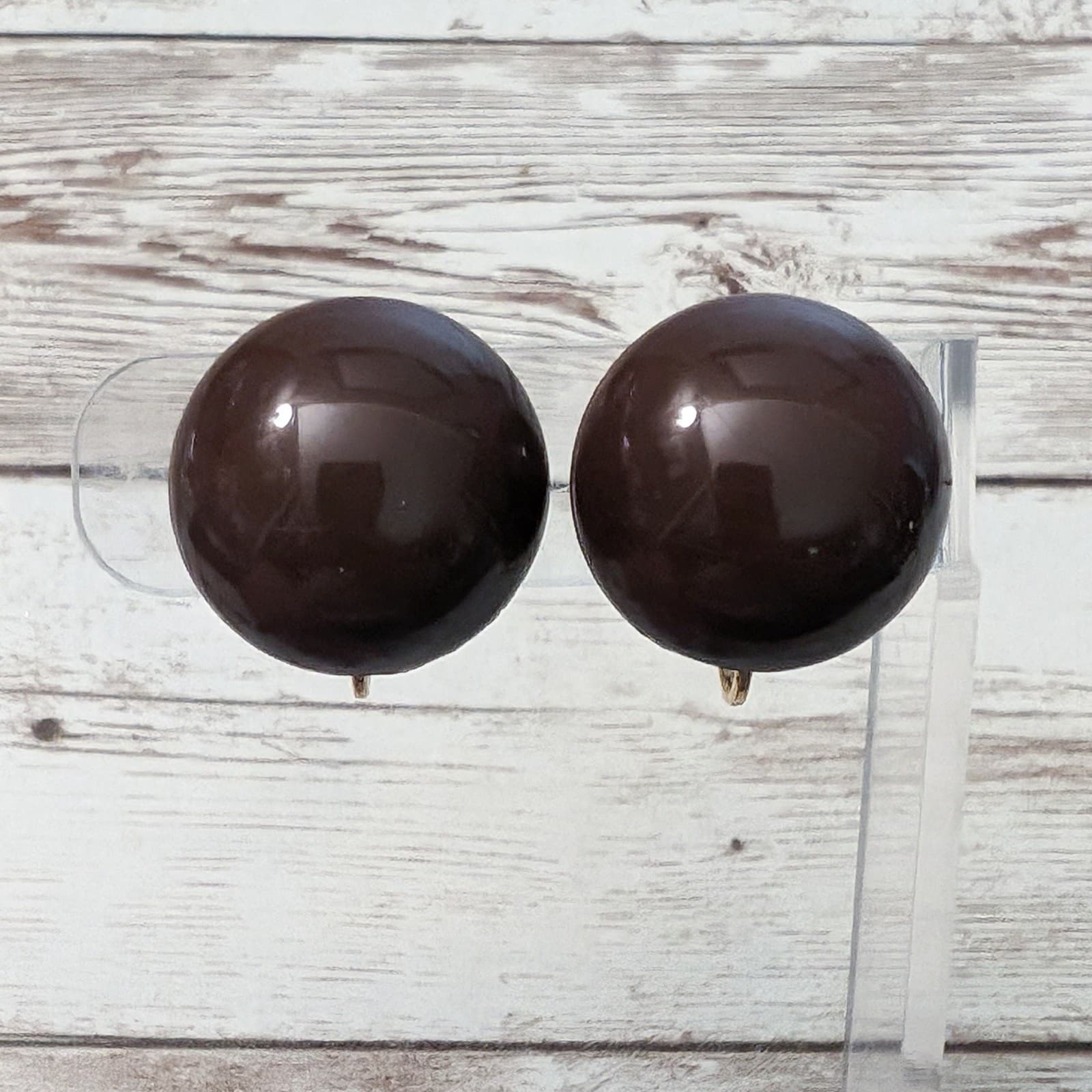 Vintage Clip On Earrings Dark Brown Domed Circle Just Over 7/8"