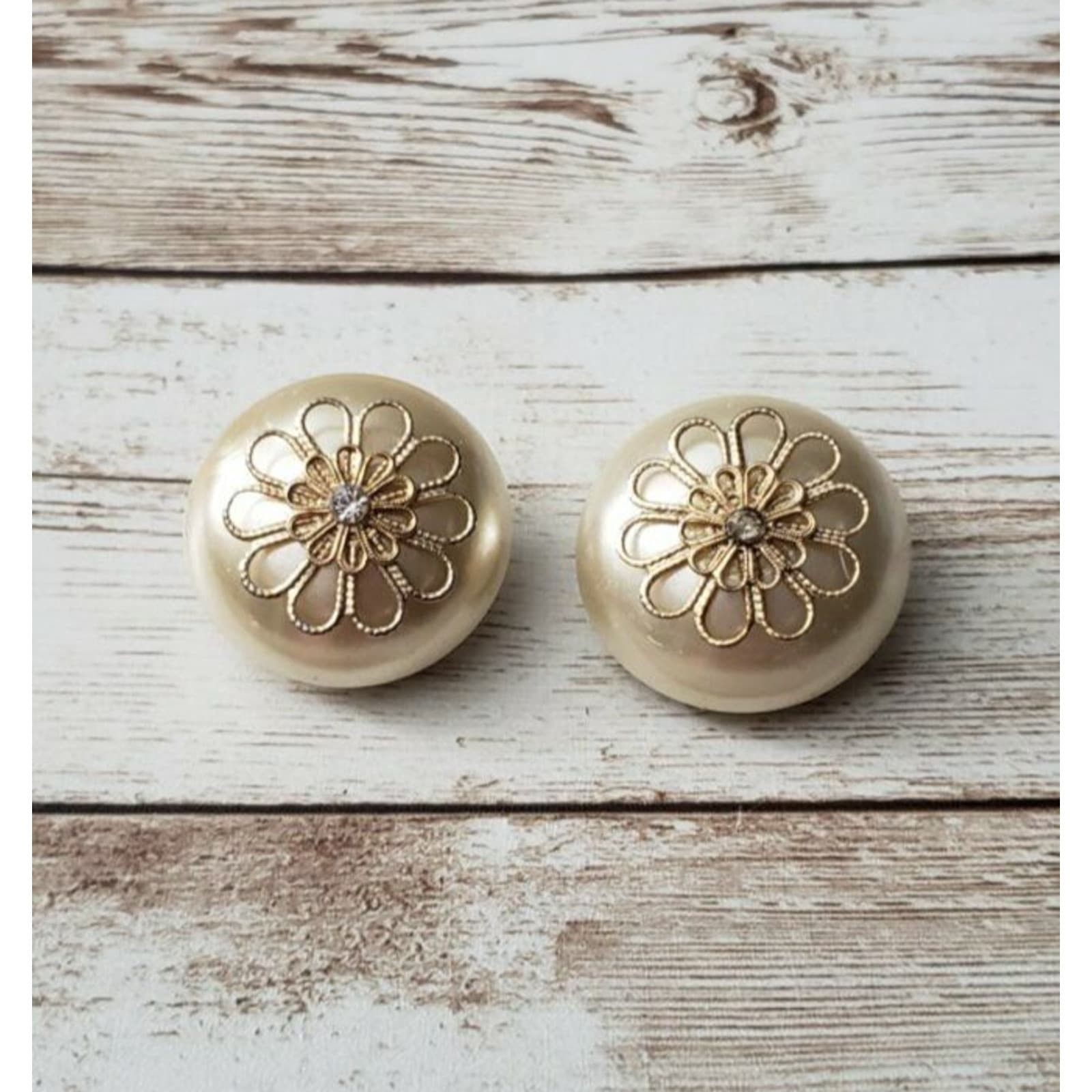 Vintage Clip On Earrings Large Cream Oval with Gold Tone Detail & Clear Gem