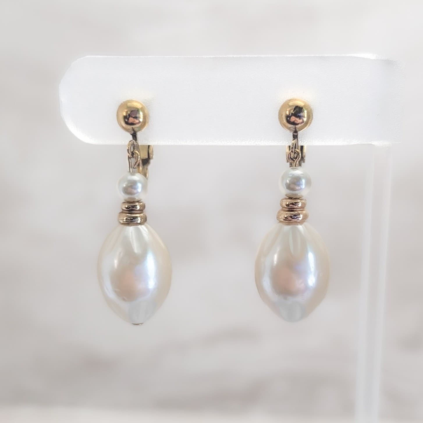 Vintage Clip On Earrings Cream Drop Dangle with Gold Tone Stylish Statement