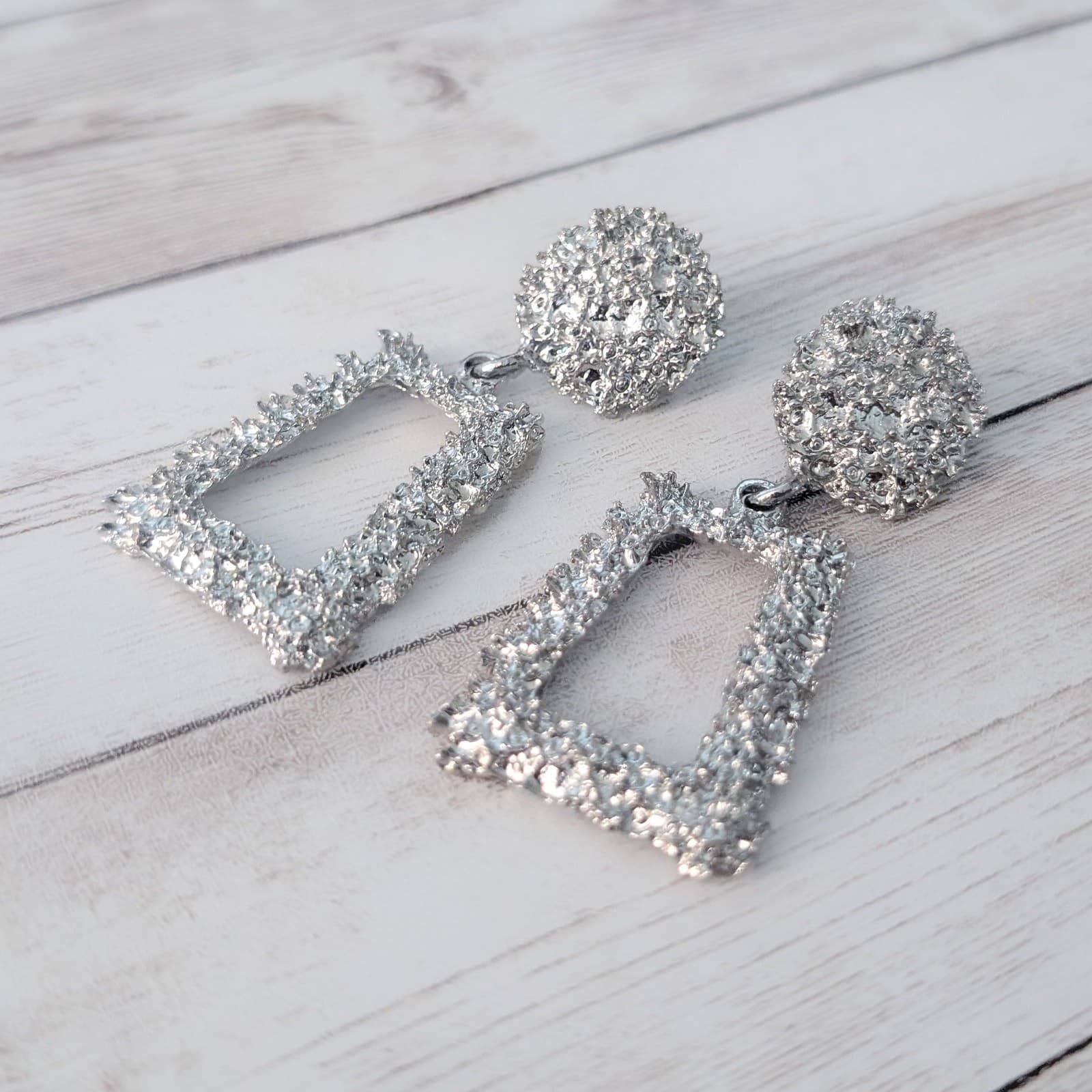 Very Large Statement Silver Tone Dangle Stylish Clip On Earrings