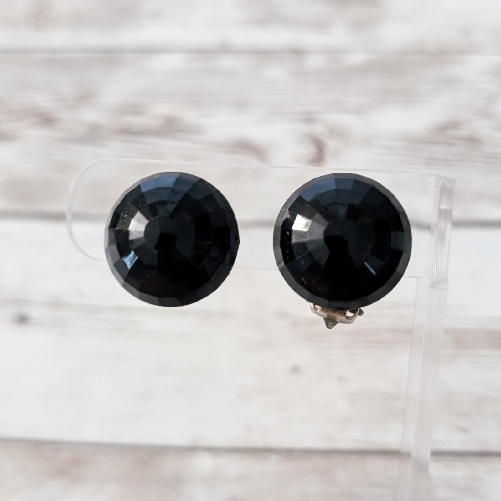 Vintage Clip On Earrings 0.75" Domed Black Faceted