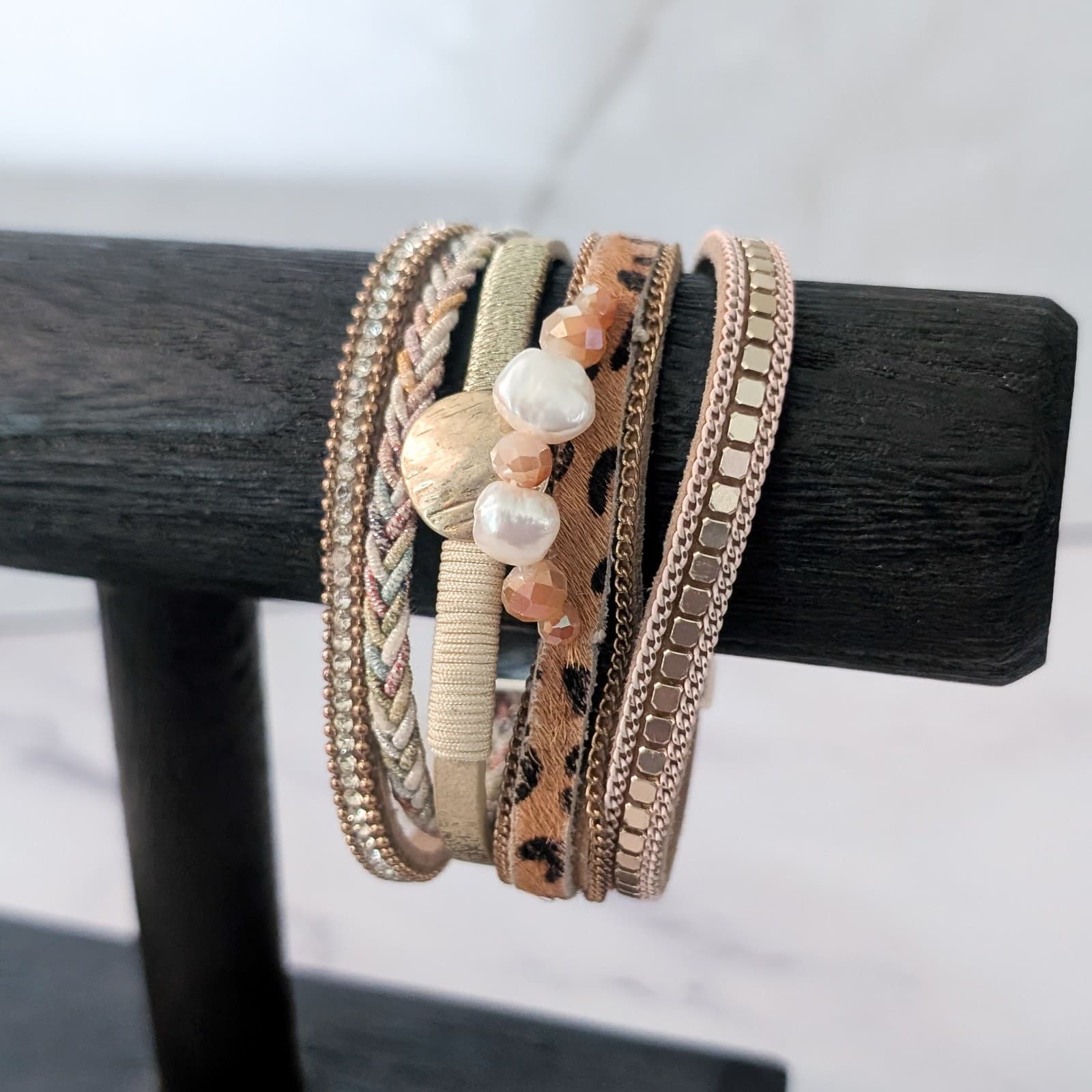 Cuff Bracelet Neutral Tones with Gold Tone & Faux Pearls