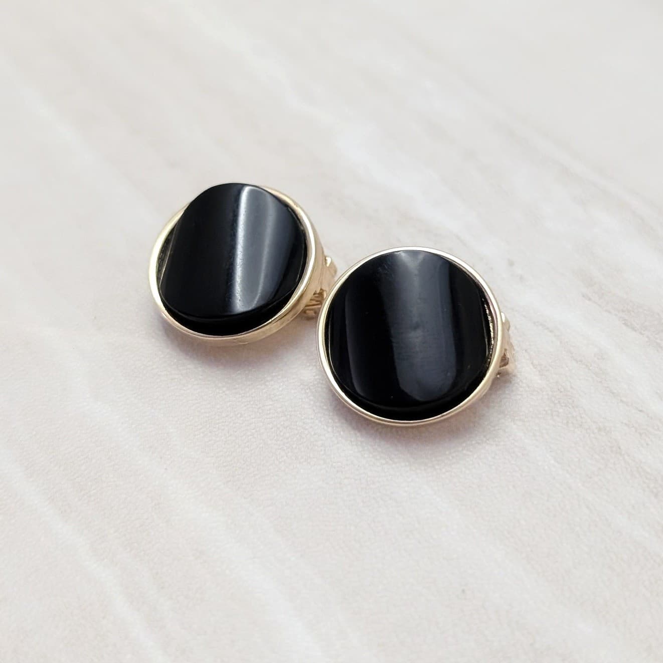 Vintage Clip On Earrings Black with Gold Tone Halo Stylish Circle Retro