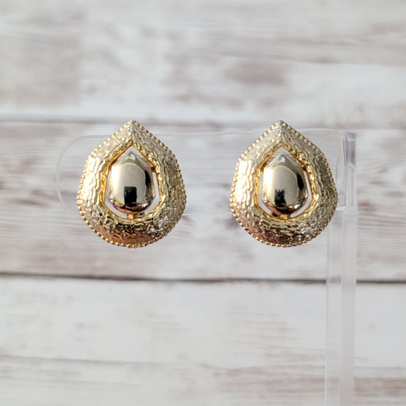 Vintage Clip On Earrings Gold Tone Angled Teardrop Shape