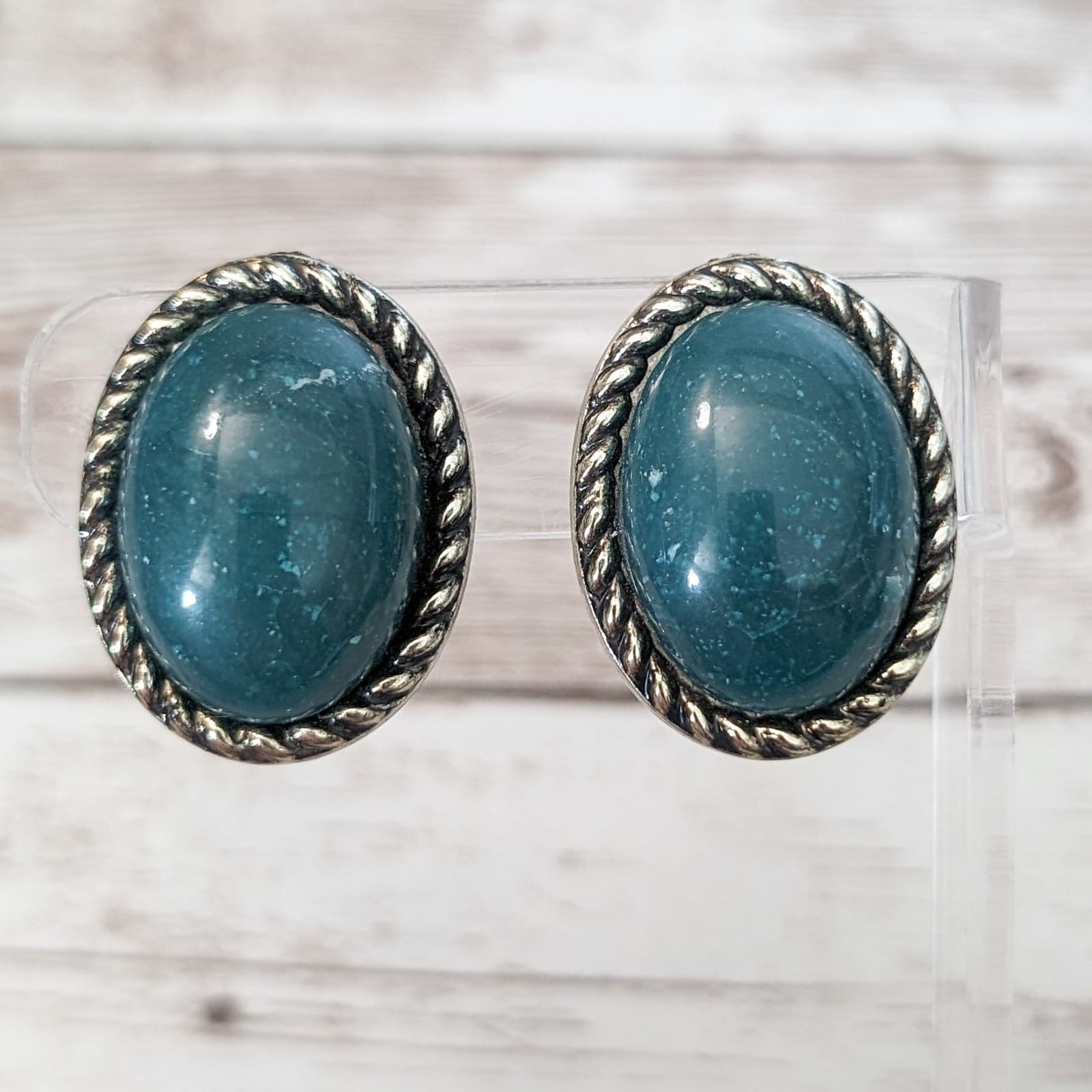 Vintage Clip On Earrings Statement Oval - Teal - 1 & 1/8"