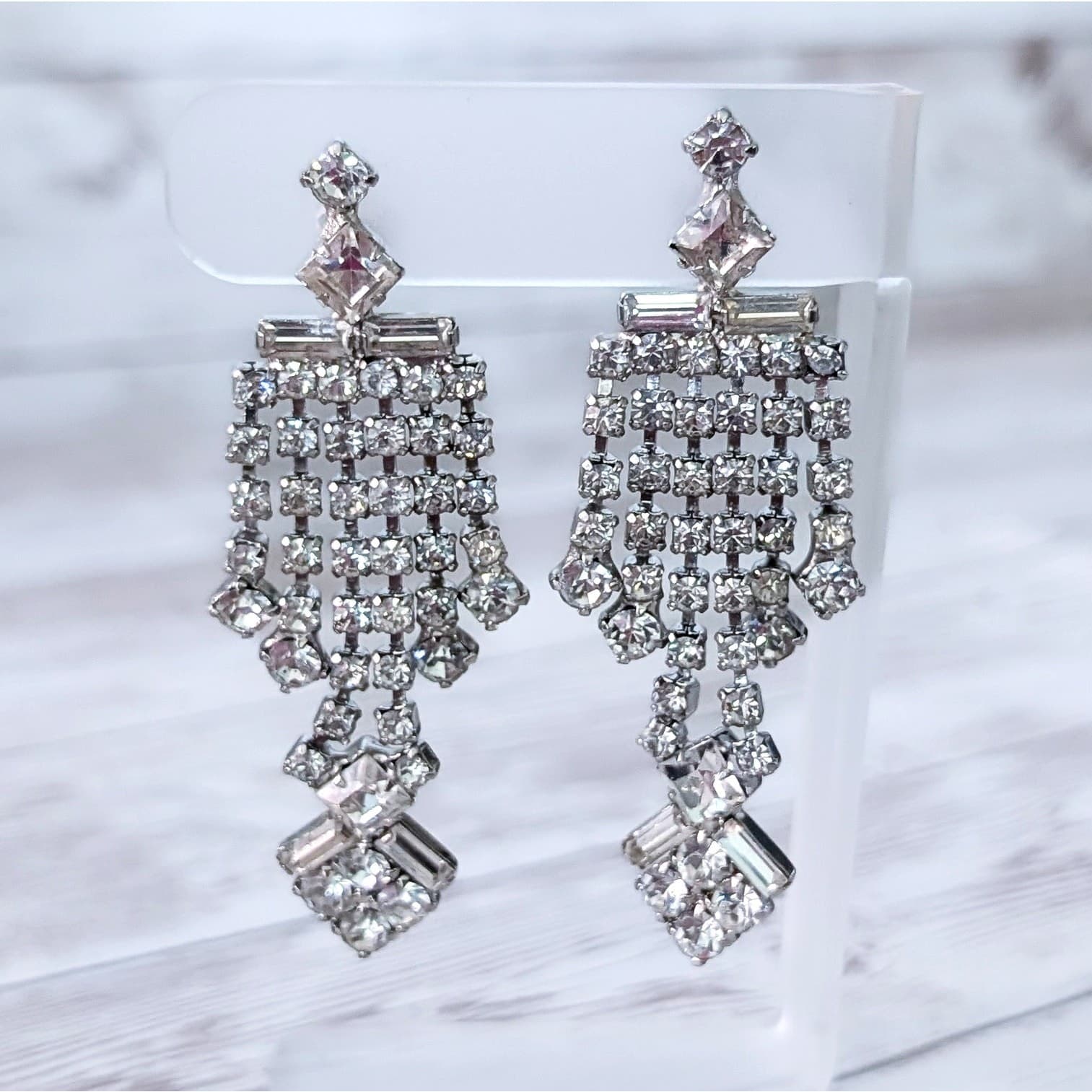 Vintage Screw On Earrings 2 & 7/8" Extra Long Clear Gem Dangle Statement Regal