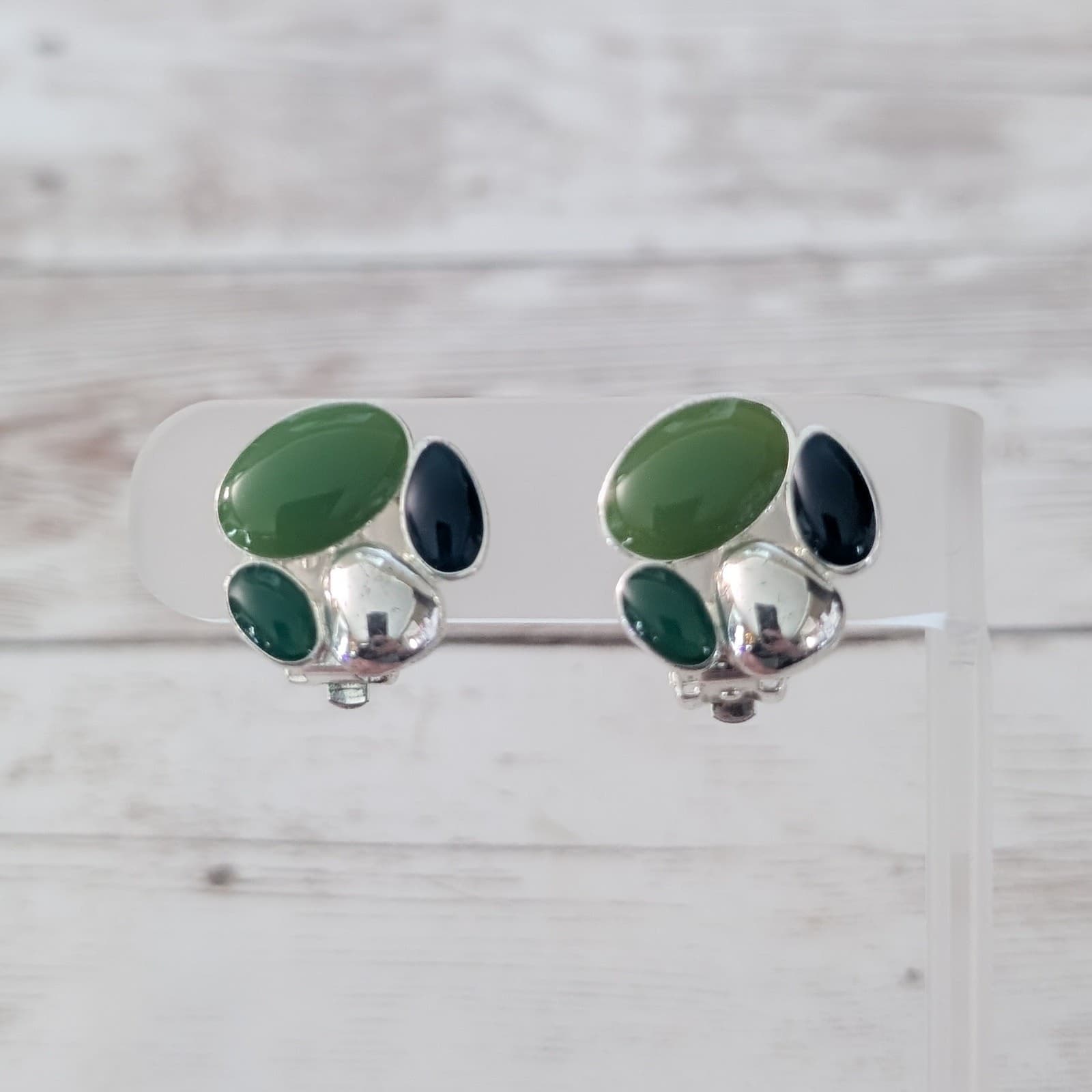 Vintage Clip On Earrings Silver Tone with Shades of Green