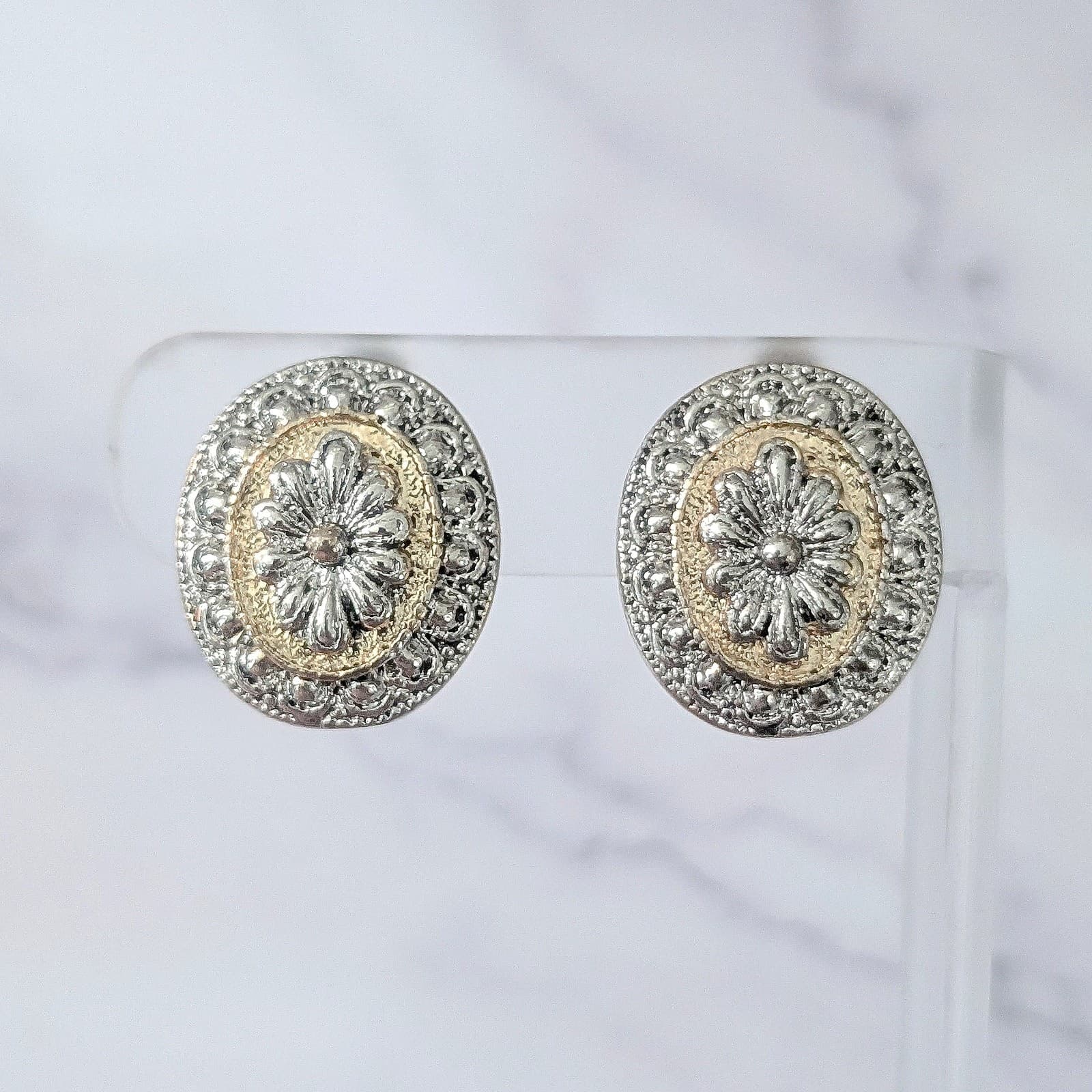 Vintage Clip On Earrings Statement Ornate Gold Tone & Silver Tone Oval