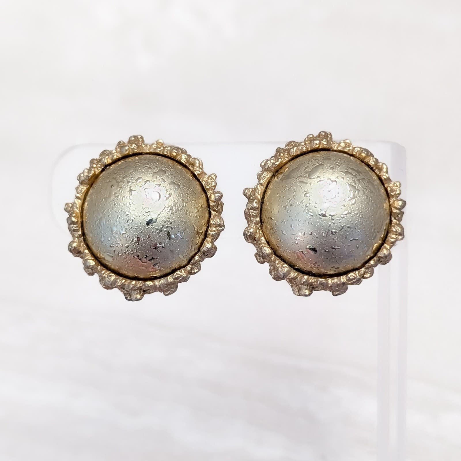 Vintage Clip On Earrings Textured Gold Tone Domed with Unusual Ornate Halo