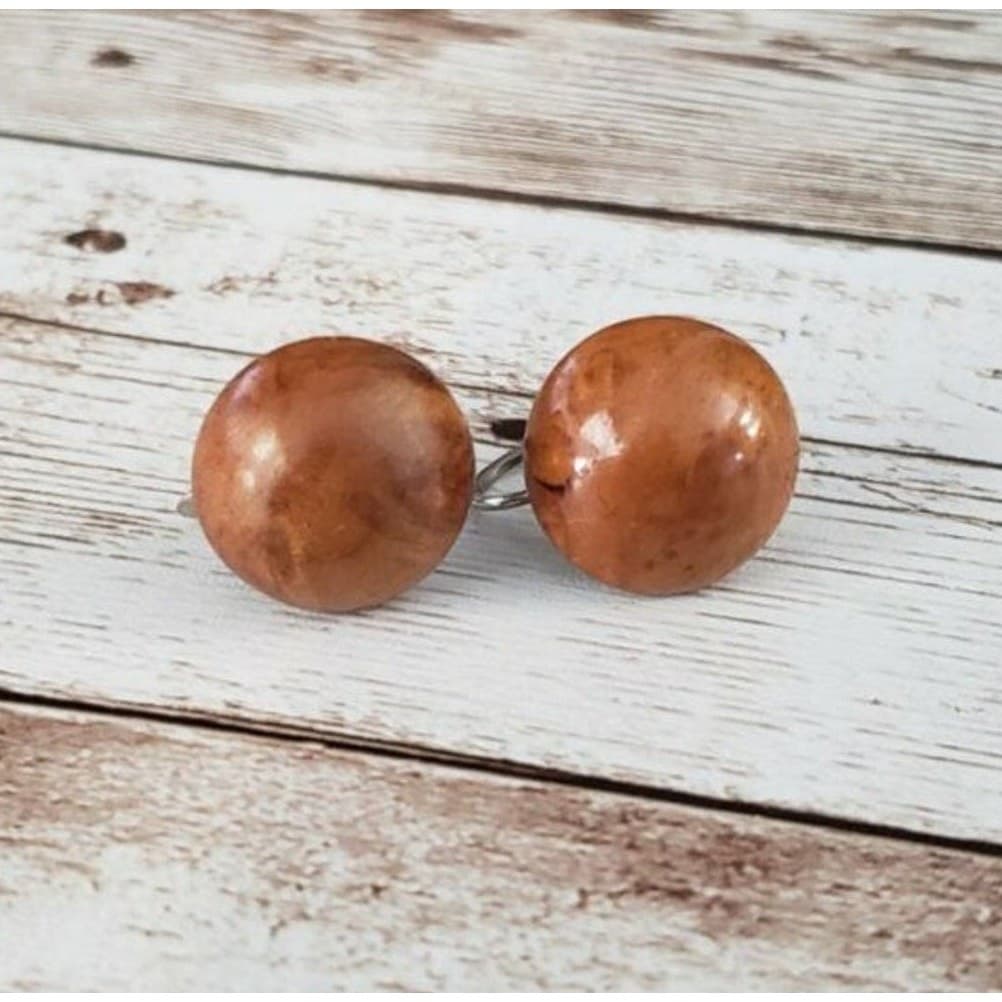 Vintage Screw On Earrings - Woodgrain Style Tan / Brown Domed Circle 5/8"