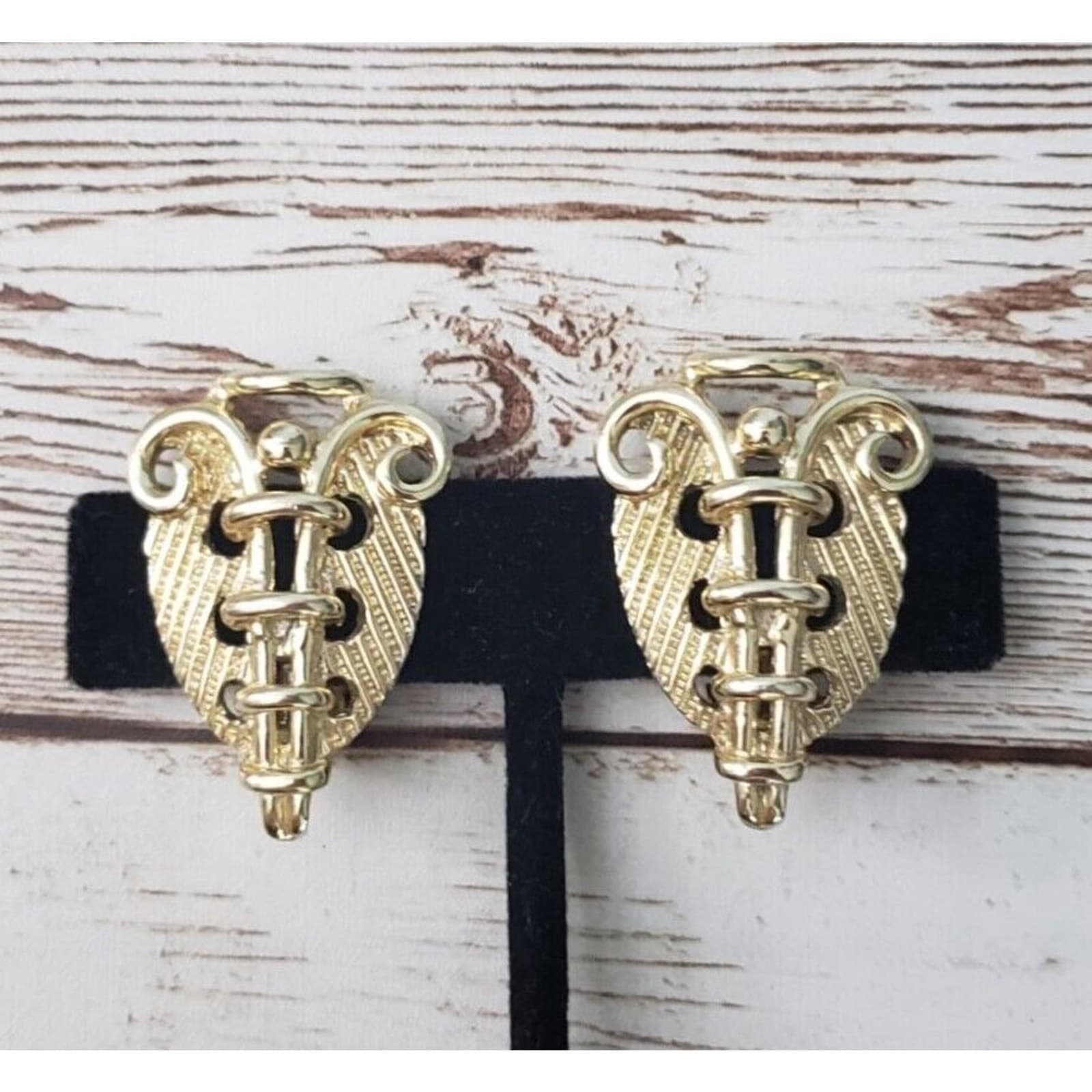 Vintage Clip On Earrings 1.25" Gold Tone Statement Earrings Very Unusual