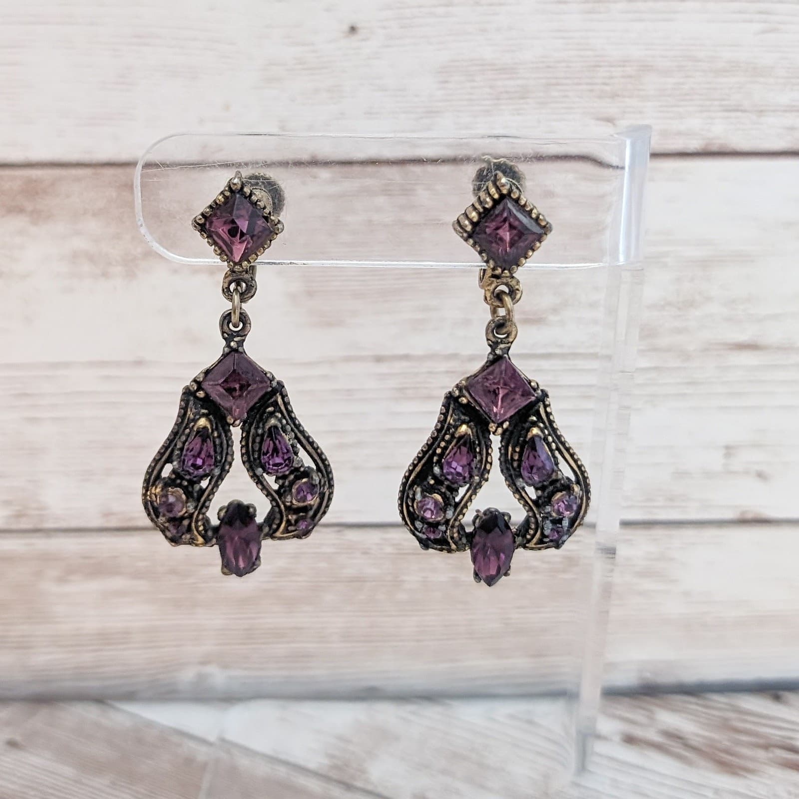 Vintage Screw Back Earrings Statement Large Purple Gem Dangle